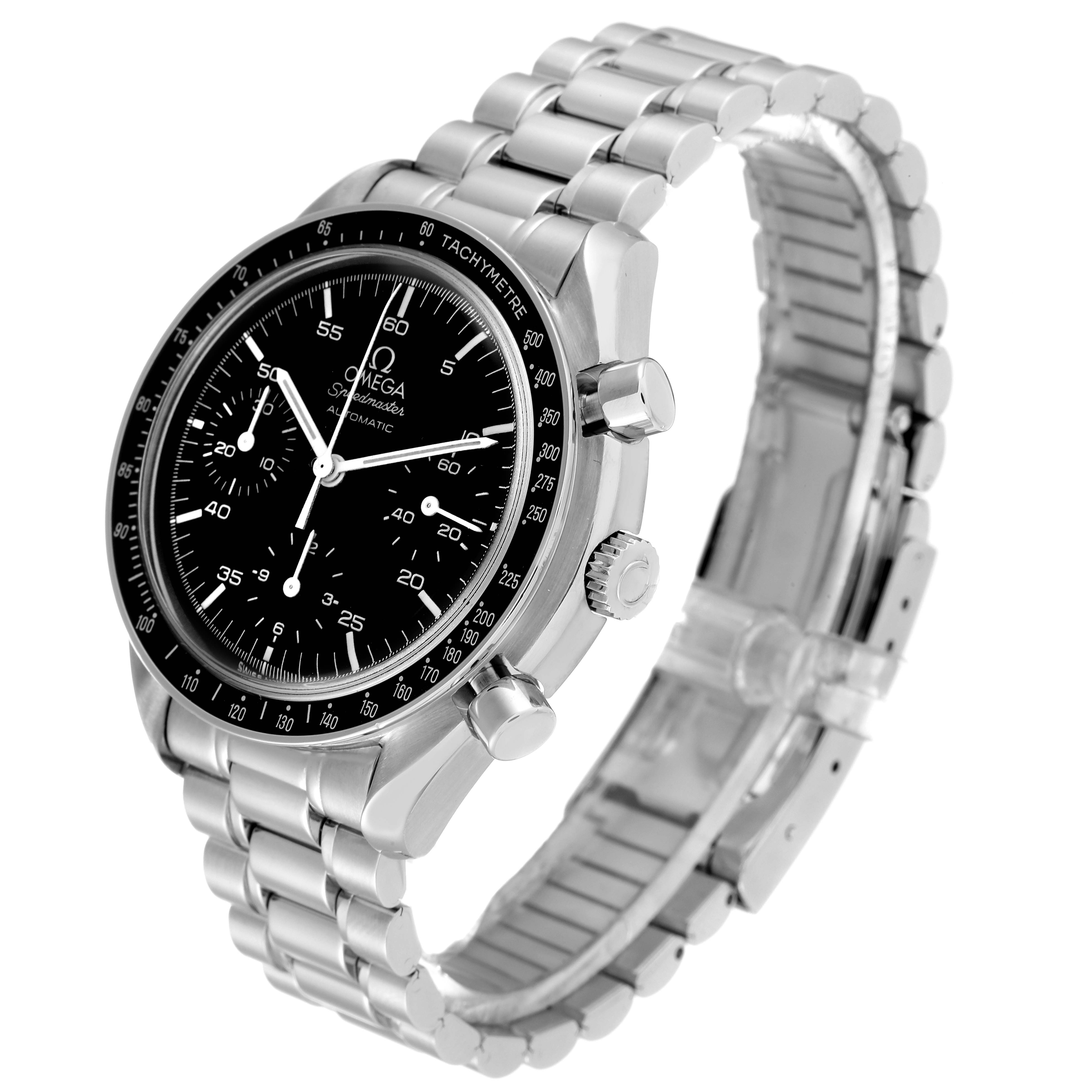 This image shows an angled side view of the Omega Speedmaster 3510.50.00 Men
s Stainless Steel Black Dial 3510.50.00 Men
s Stainless Steel Black Dial watch, highlighting its dial, tachymeter bezel, and metal bracelet.