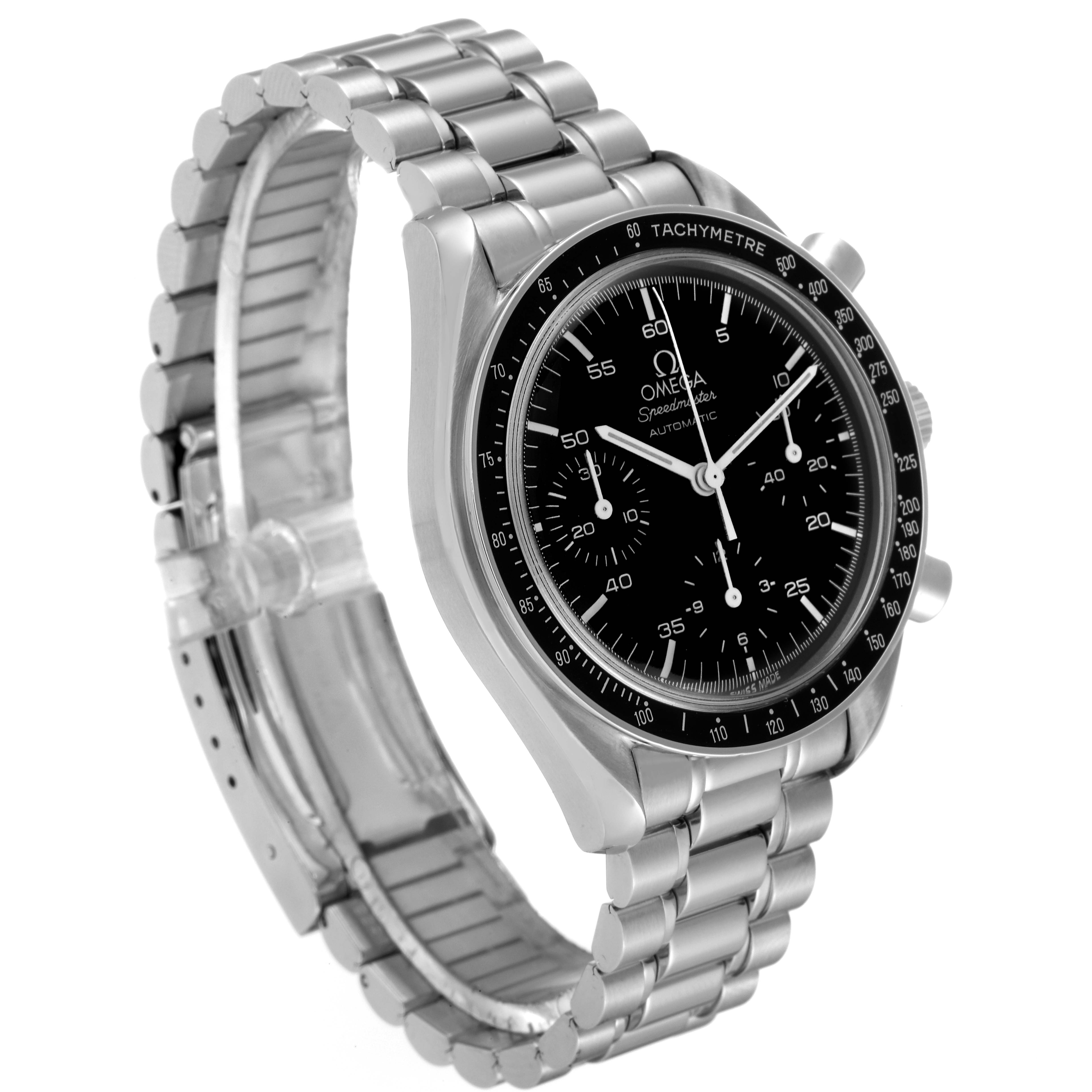 The image shows an Omega Speedmaster 3510.50.00 Men
s Stainless Steel Black Dial 3510.50.00 Men
s Stainless Steel Black Dial watch at a slight angle, highlighting its black dial, tachymeter bezel, and metal bracelet.