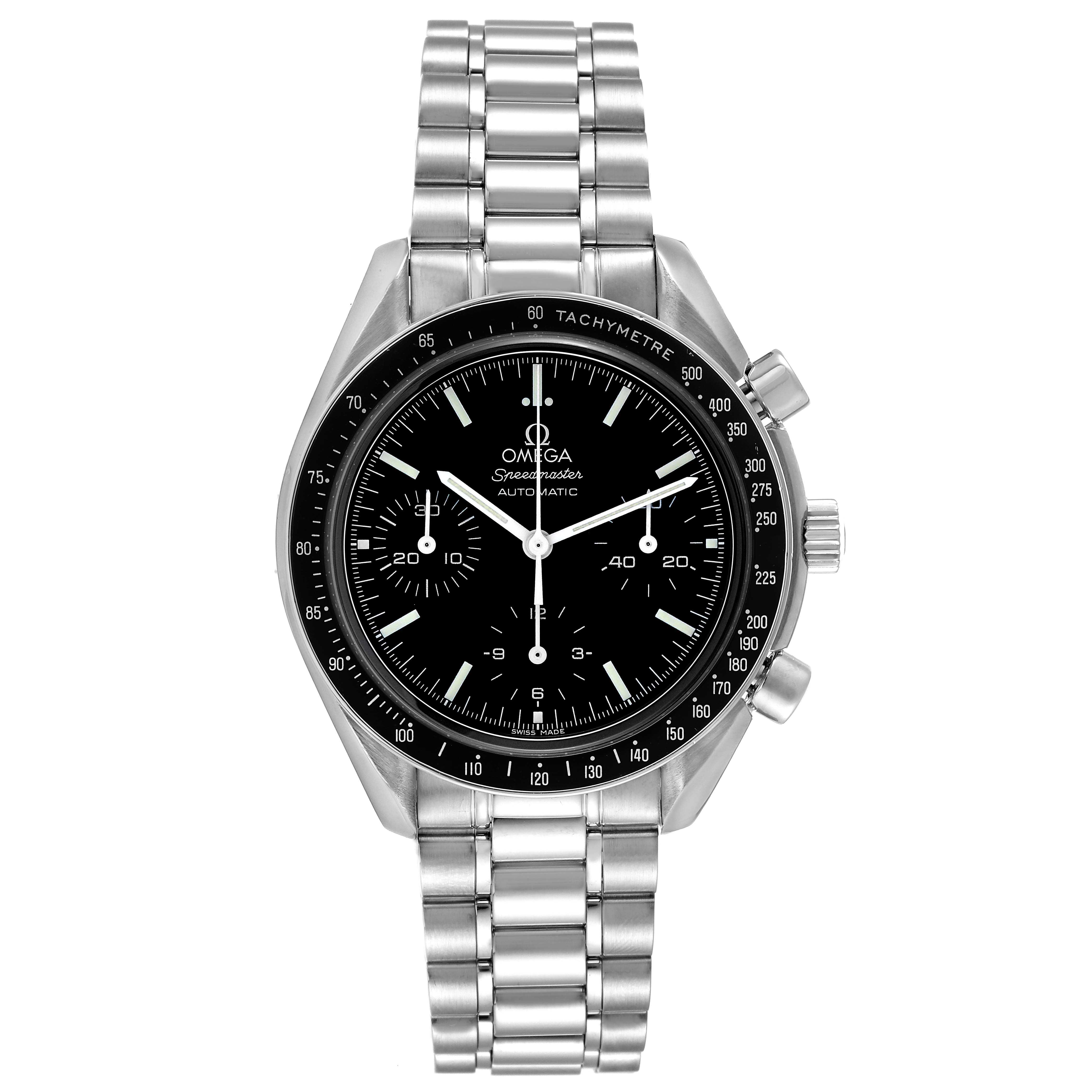The image shows the frontal view of the Omega Speedmaster 3539.50.00 Men
s Stainless Steel Black Dial 3539.50.00 Men
s Stainless Steel Black Dial watch, displaying its dial, bezel, and stainless steel bracelet.