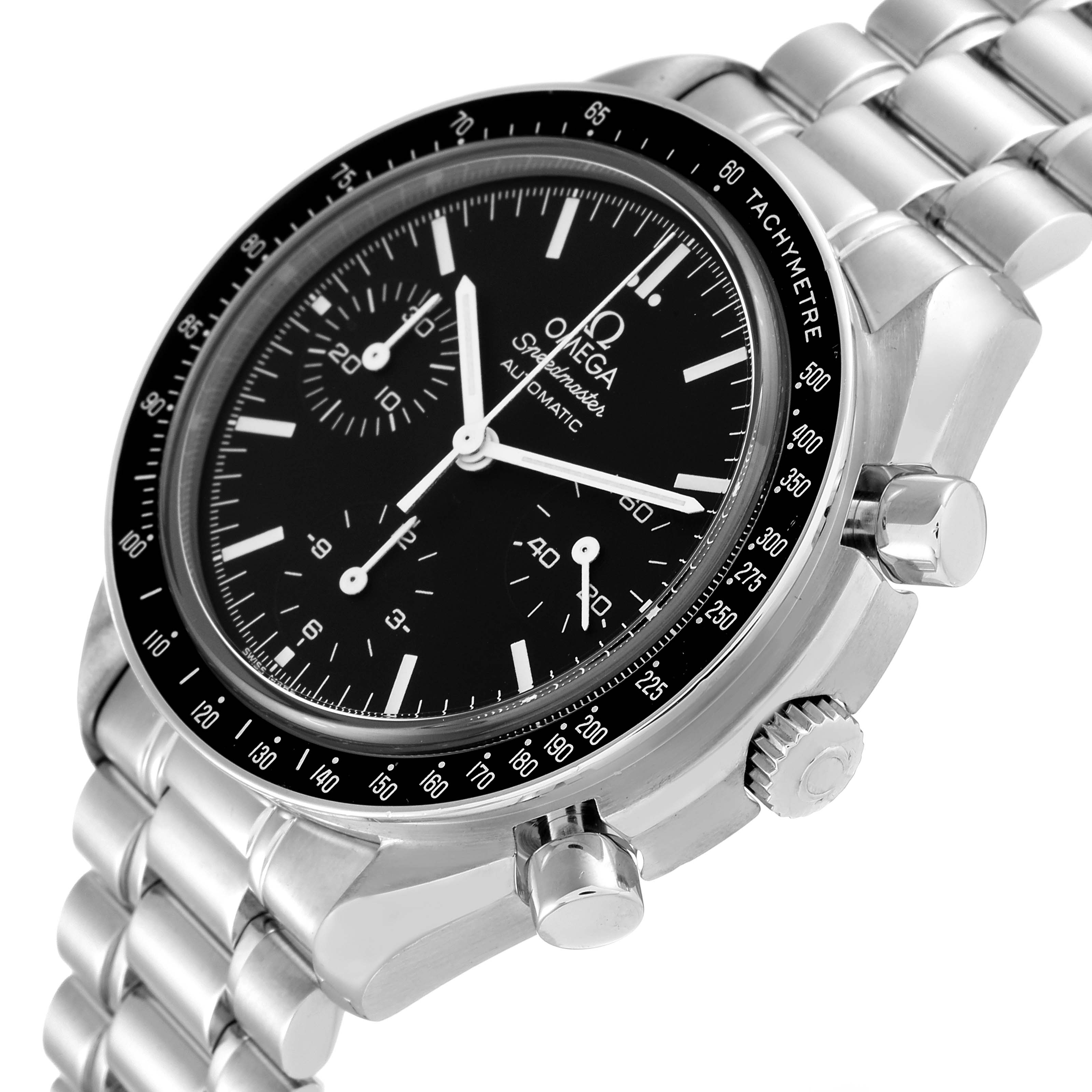 The image shows an Omega Speedmaster 3539.50.00 Men
s Stainless Steel Black Dial 3539.50.00 Men
s Stainless Steel Black Dial watch viewed at a slight angle, highlighting the dial, subdials, bezel, and part of the bracelet.