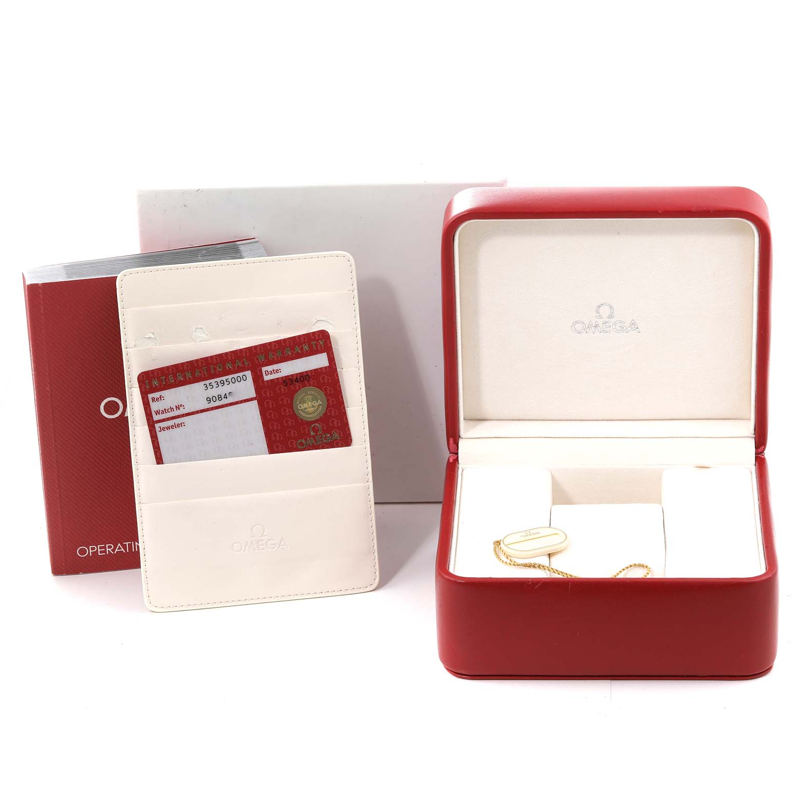 Image shows an Omega Speedmaster 3539.50.00 Men
s Stainless Steel Black Dial 3539.50.00 Men
s Stainless Steel Black Dial
s red box, instruction manual, and a warranty card holder from a front angle.