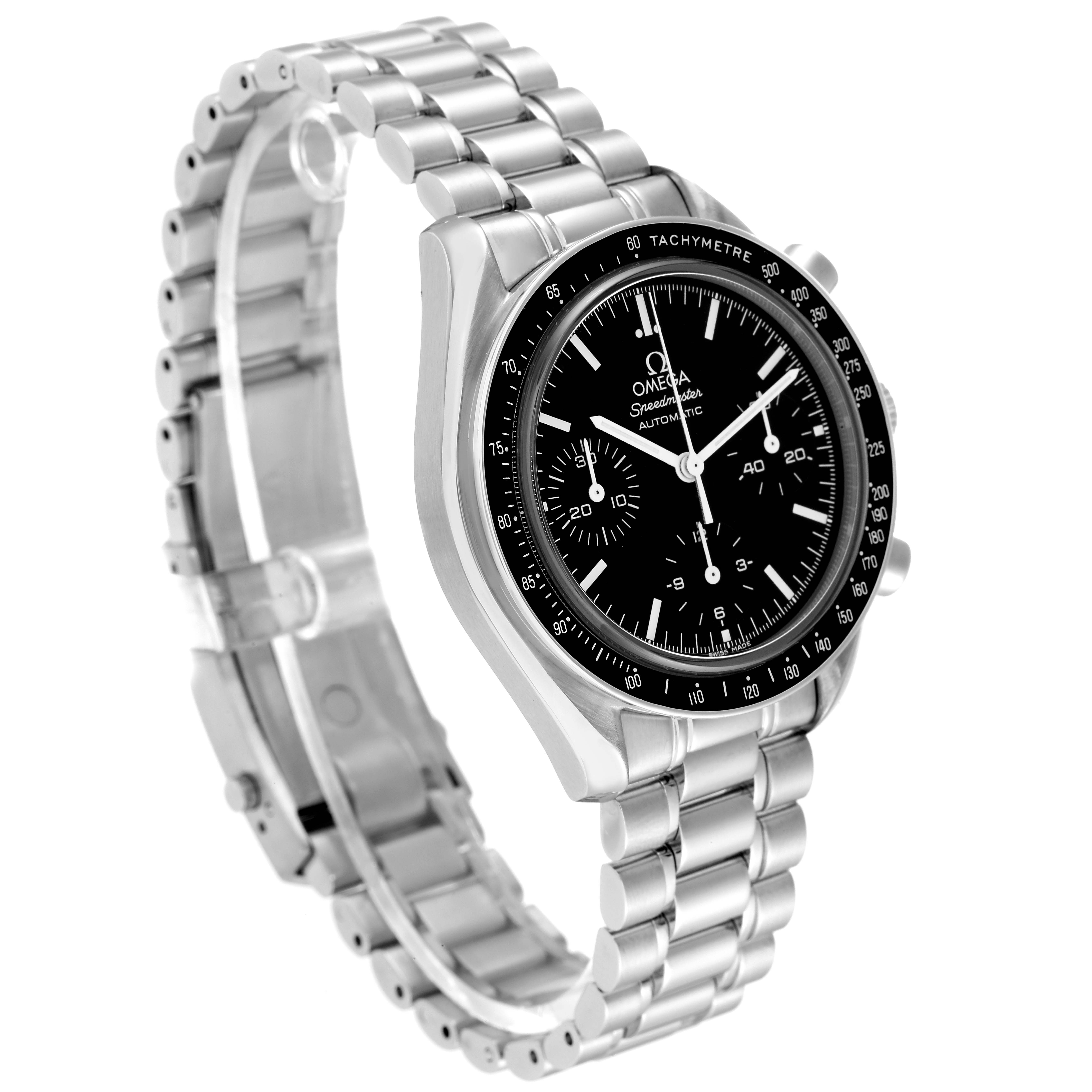 The Omega Speedmaster 3539.50.00 Men
s Stainless Steel Black Dial 3539.50.00 Men
s Stainless Steel Black Dial watch is shown at an angled side view, displaying its face, tachymeter bezel, and stainless steel bracelet.