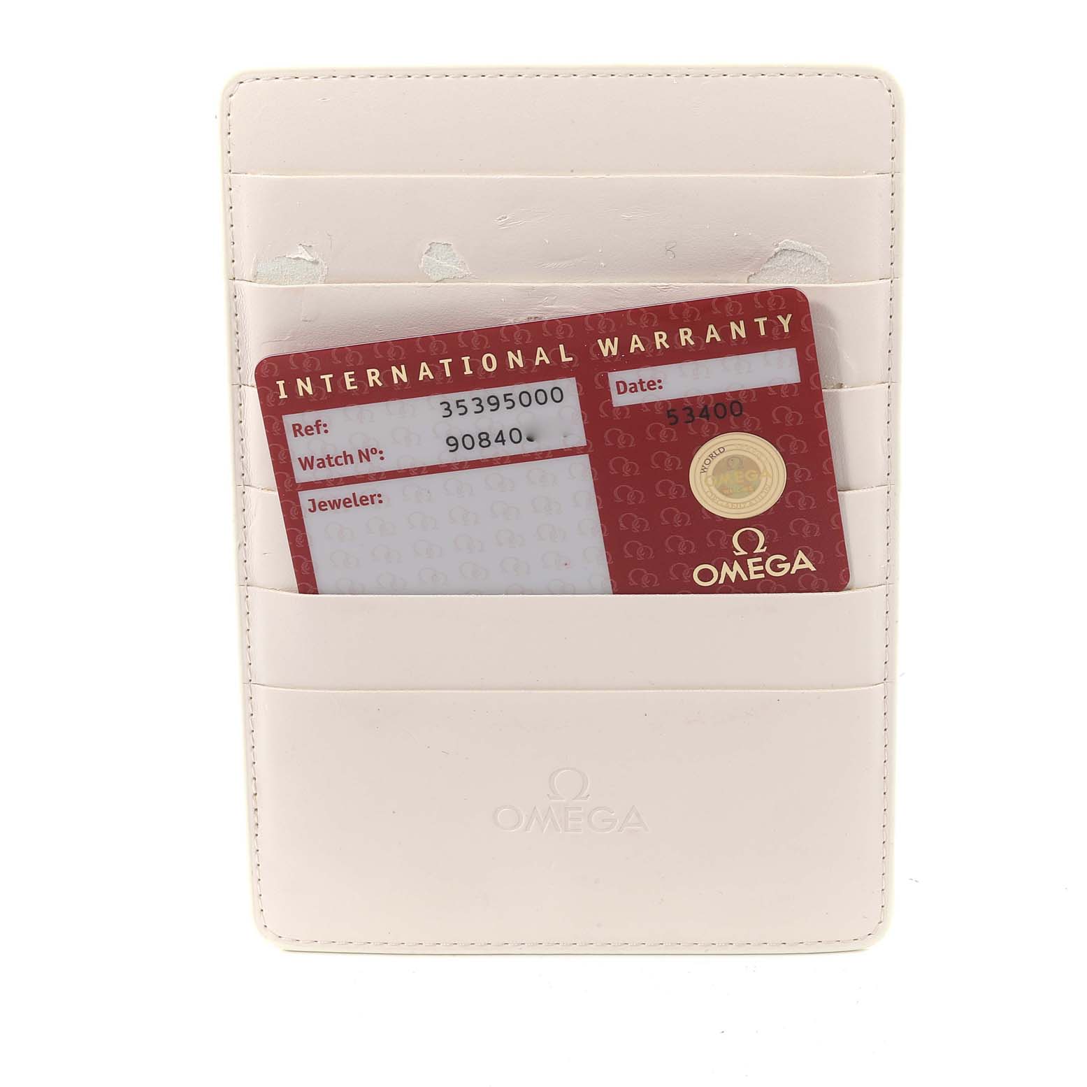 The image displays the international warranty card in a white holder for an Omega Speedmaster 3539.50.00 Men
s Stainless Steel Black Dial 3539.50.00 Men
s Stainless Steel Black Dial watch.