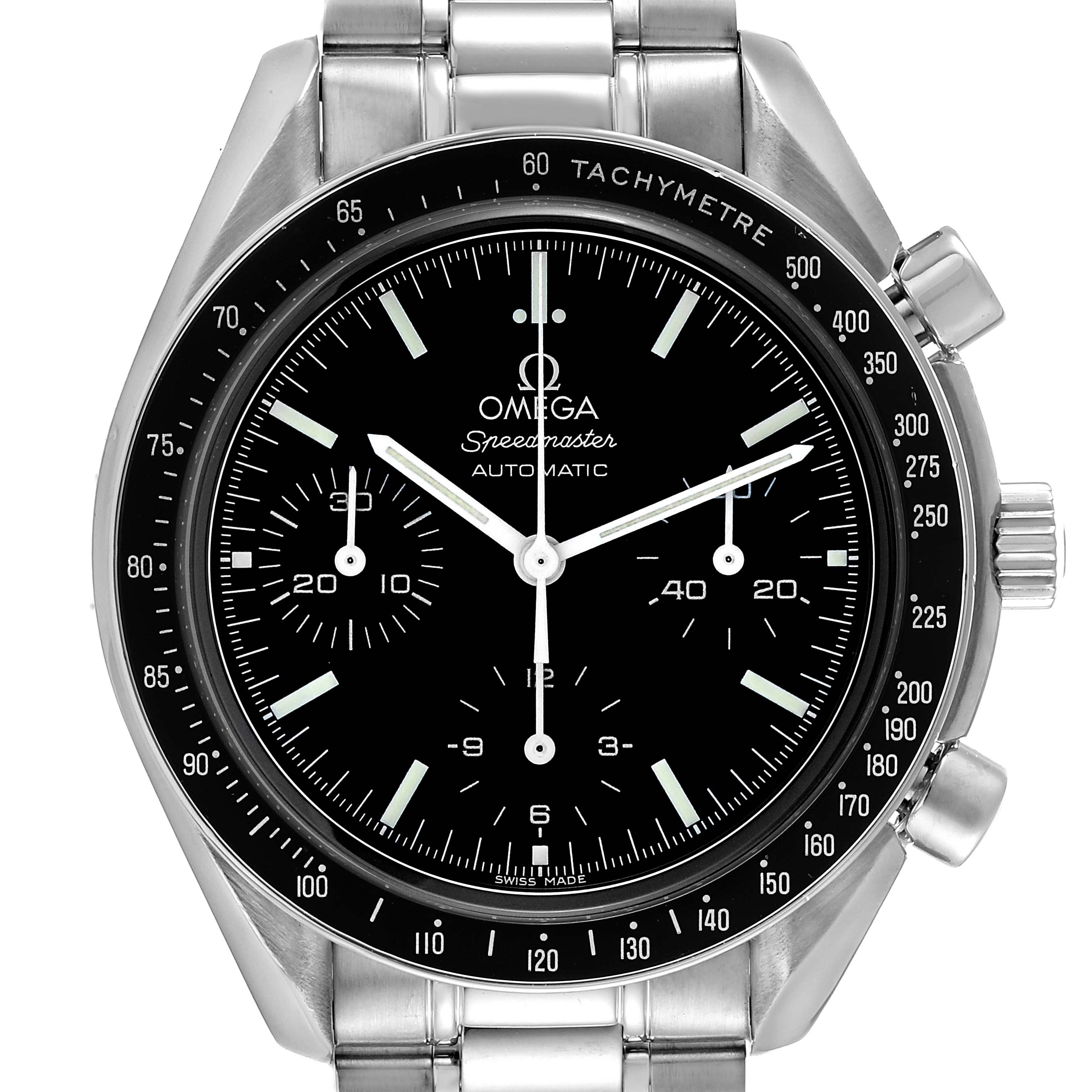 This image shows a front view of the Omega Speedmaster 3539.50.00 Men
s Stainless Steel Black Dial 3539.50.00 Men
s Stainless Steel Black Dial watch, highlighting the dial, chronograph subdials, bezel, and bracelet.