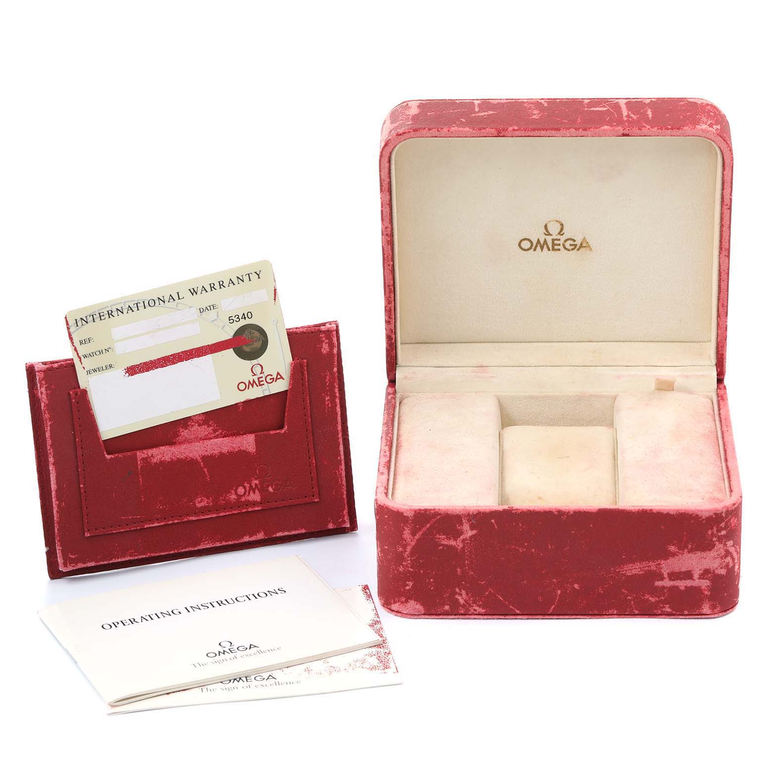 The image shows the storage box, warranty card holder, and instruction booklet for an Omega Speedmaster 3321.30.00 Men's Steel and Gold (two tone) Silver Dial 3321.30.00 Men's Steel and Gold (two tone) Silver Dial watch.