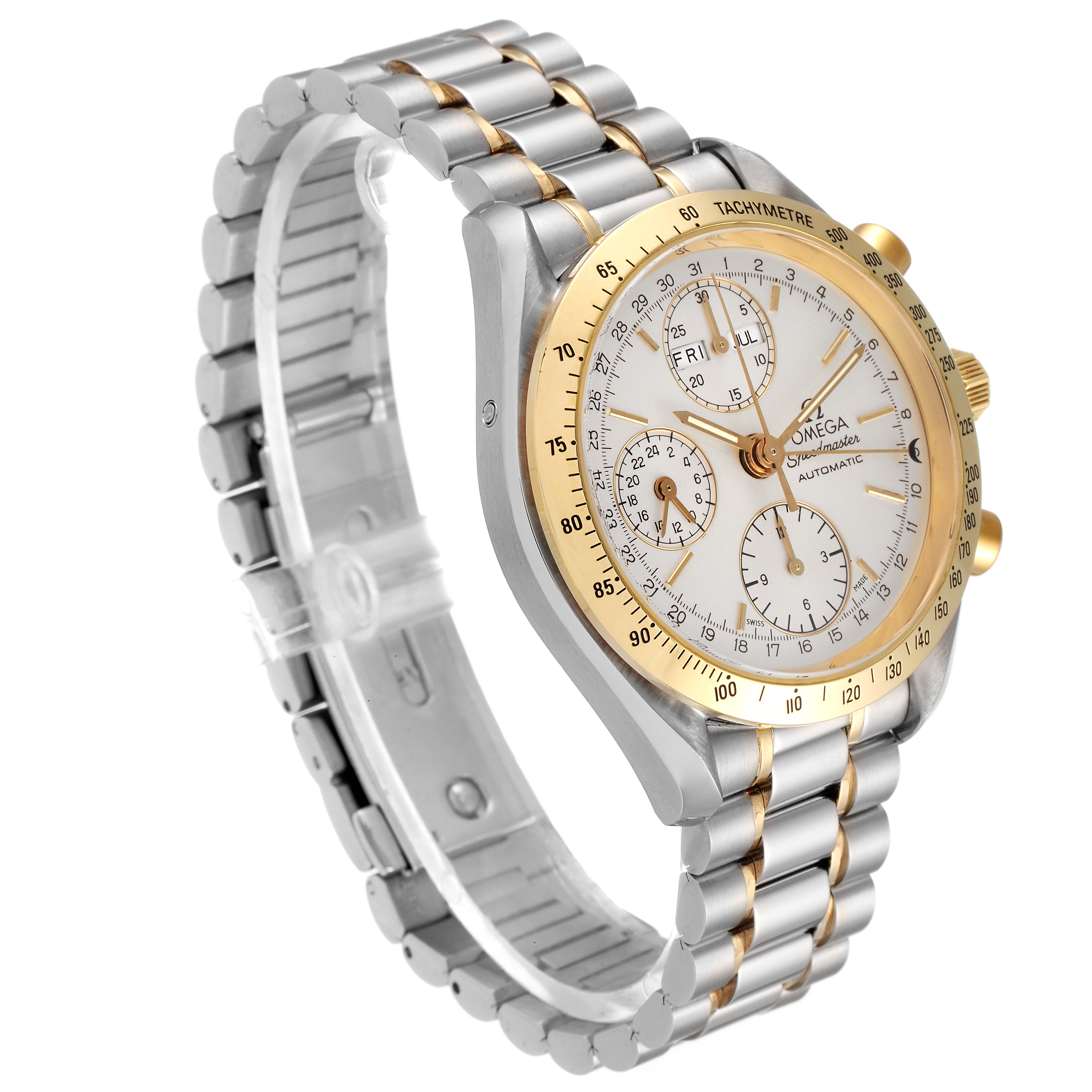 The image shows an angled view of an Omega Speedmaster 3321.30.00 Men's Steel and Gold (two tone) Silver Dial 3321.30.00 Men's Steel and Gold (two tone) Silver Dial watch, highlighting its dial, bezel, and bracelet with a combination of silver and gold tones.