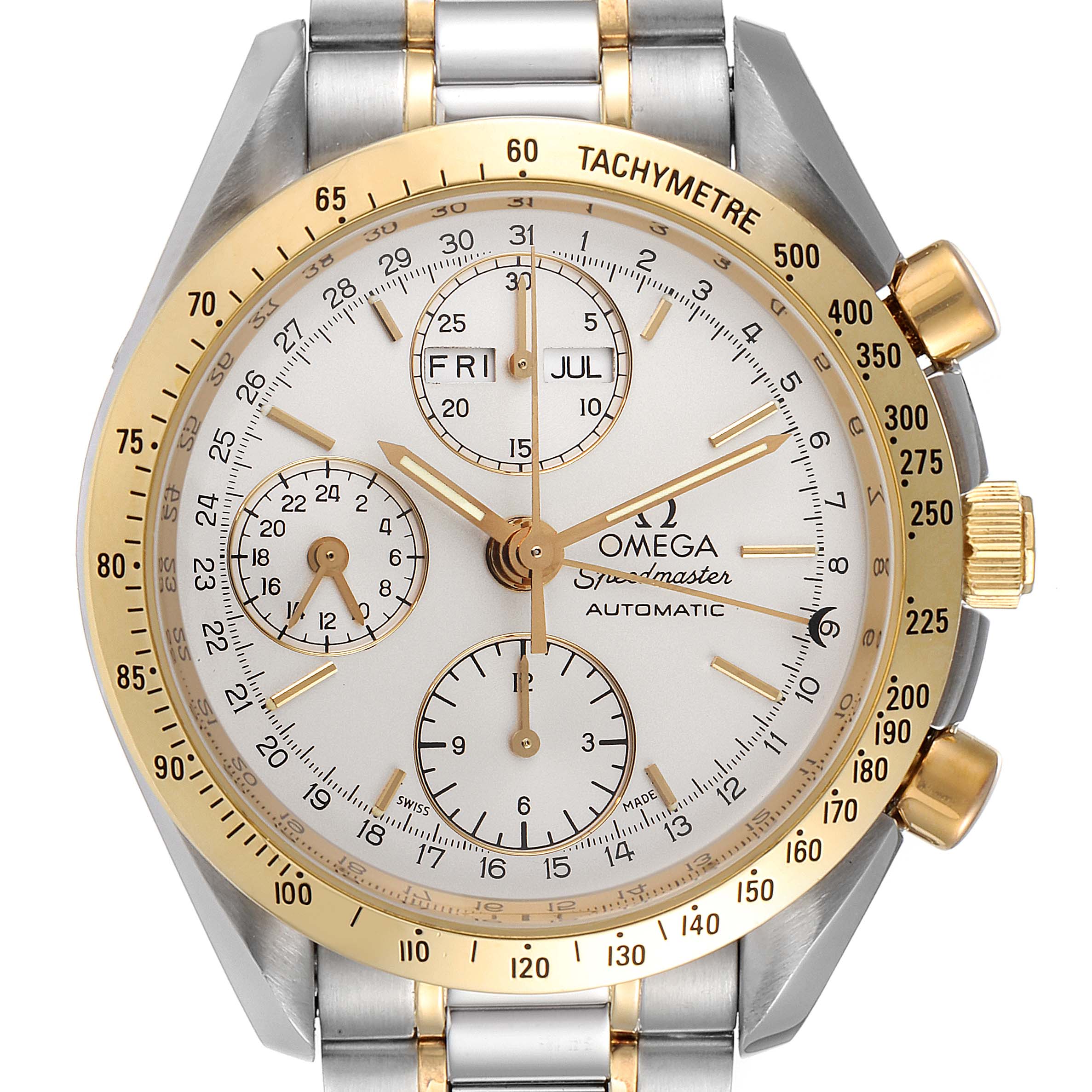 The image shows a frontal view of an Omega Speedmaster 3321.30.00 Men's Steel and Gold (two tone) Silver Dial 3321.30.00 Men's Steel and Gold (two tone) Silver Dial watch, highlighting the dial, subdials, bezel, and crown.