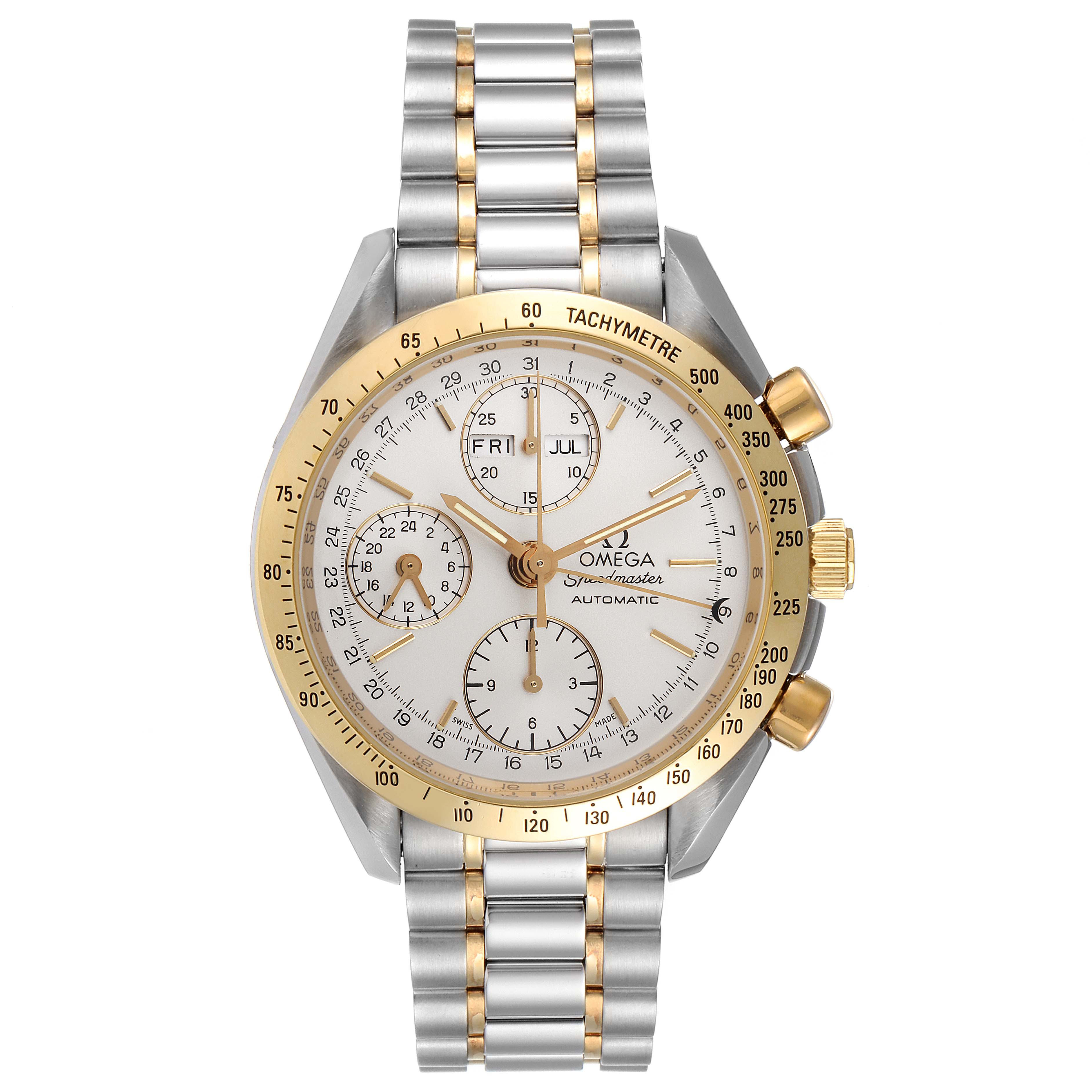 The image shows a frontal view of an Omega Speedmaster 3321.30.00 Men's Steel and Gold (two tone) Silver Dial 3321.30.00 Men's Steel and Gold (two tone) Silver Dial watch, highlighting its dial, bezel, and bracelet.