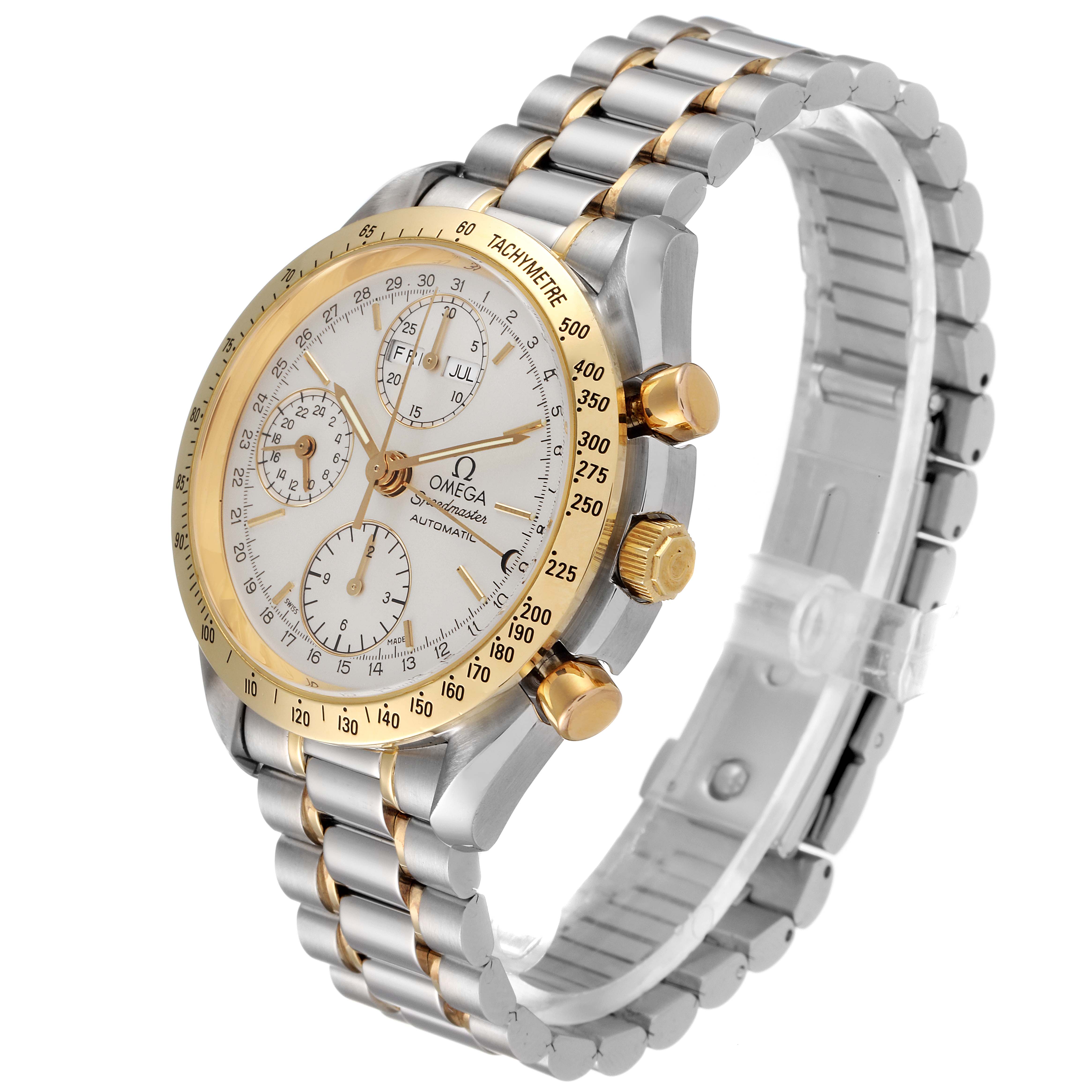 The image shows a three-quarter view of the Omega Speedmaster 3321.30.00 Men's Steel and Gold (two tone) Silver Dial 3321.30.00 Men's Steel and Gold (two tone) Silver Dial watch, highlighting its gold and silver body, bezel, and chronograph dials.
