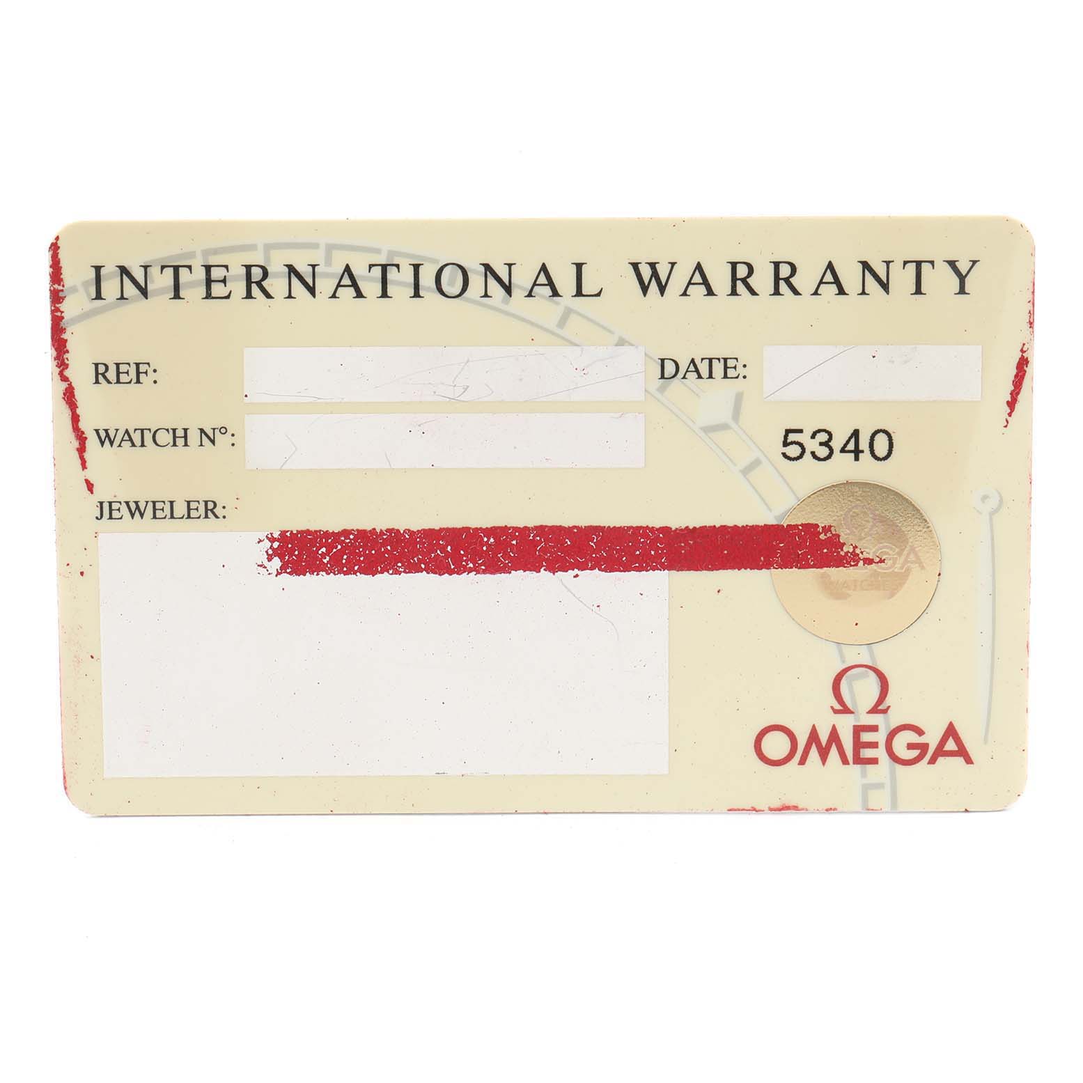 The image shows an Omega Speedmaster 3321.30.00 Men's Steel and Gold (two tone) Silver Dial 3321.30.00 Men's Steel and Gold (two tone) Silver Dial International Warranty card, displaying fields for REF, DATE, WATCH N°, and JEWELER.