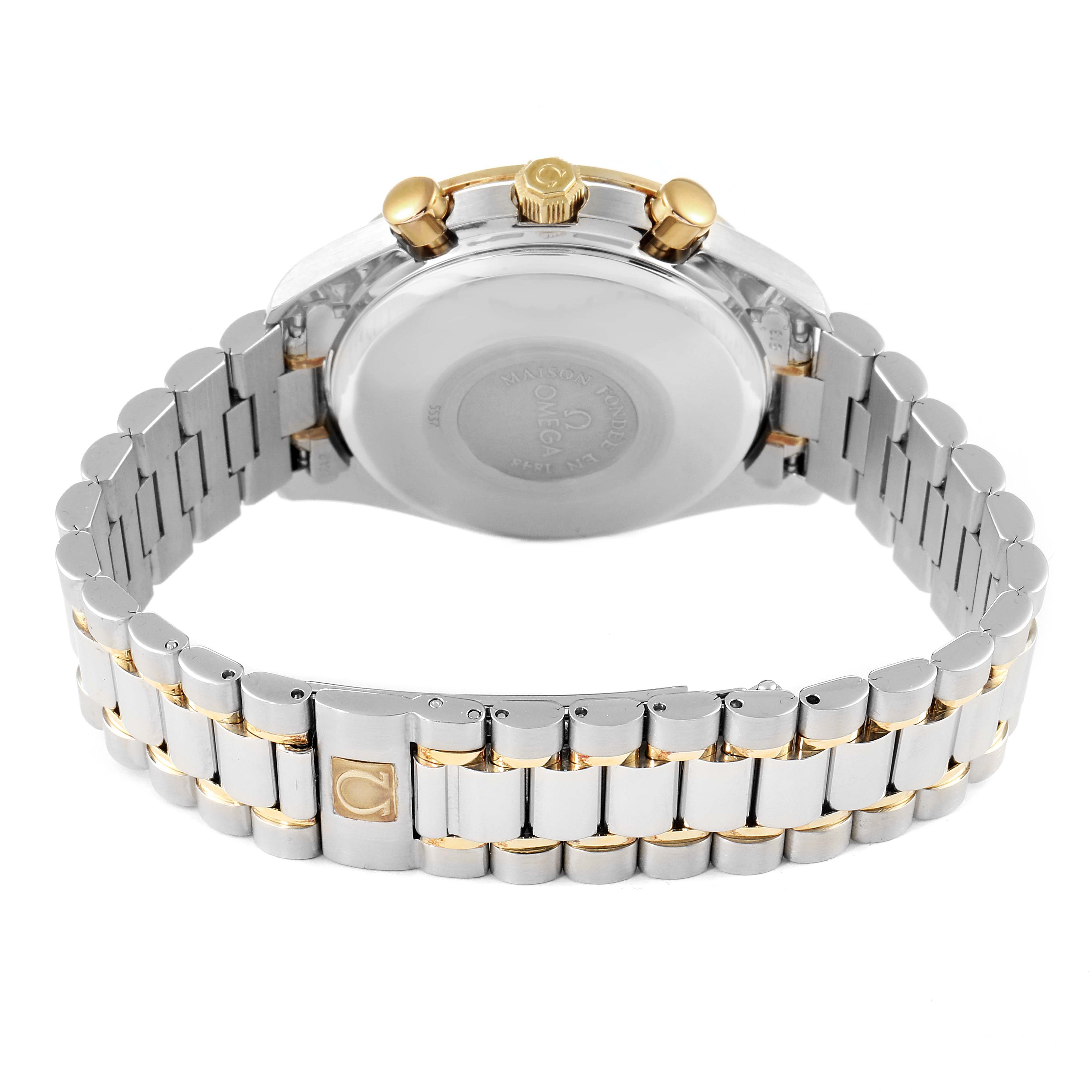 The image shows the back of an Omega Speedmaster 3321.30.00 Men's Steel and Gold (two tone) Silver Dial 3321.30.00 Men's Steel and Gold (two tone) Silver Dial watch, highlighting its stainless steel bracelet and gold-tone accents.