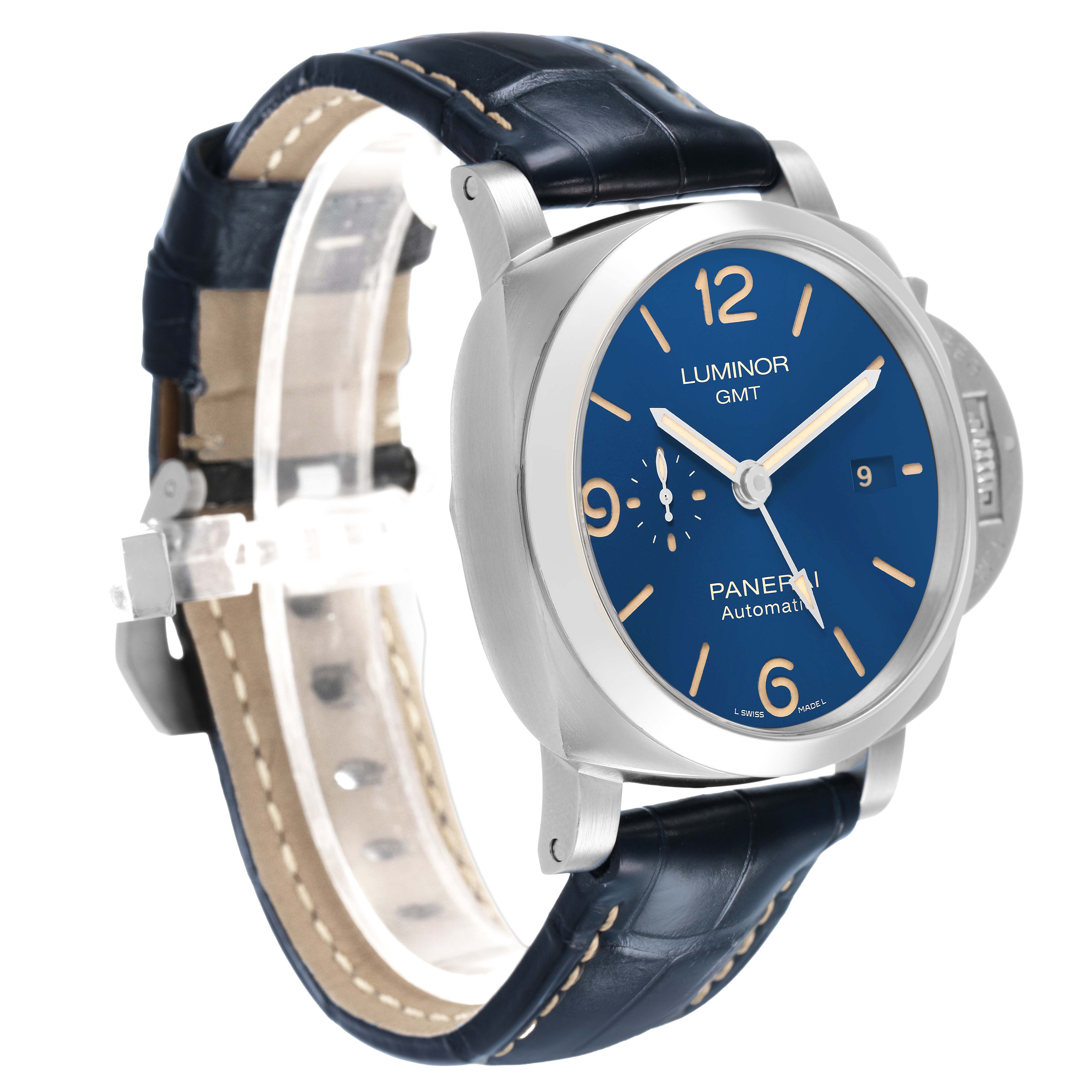 The Panerai Luminor PAM01033 Men's Stainless Steel Blue Dial watch is shown at a slight side angle, highlighting its blue dial, crown guard, and blue leather strap.