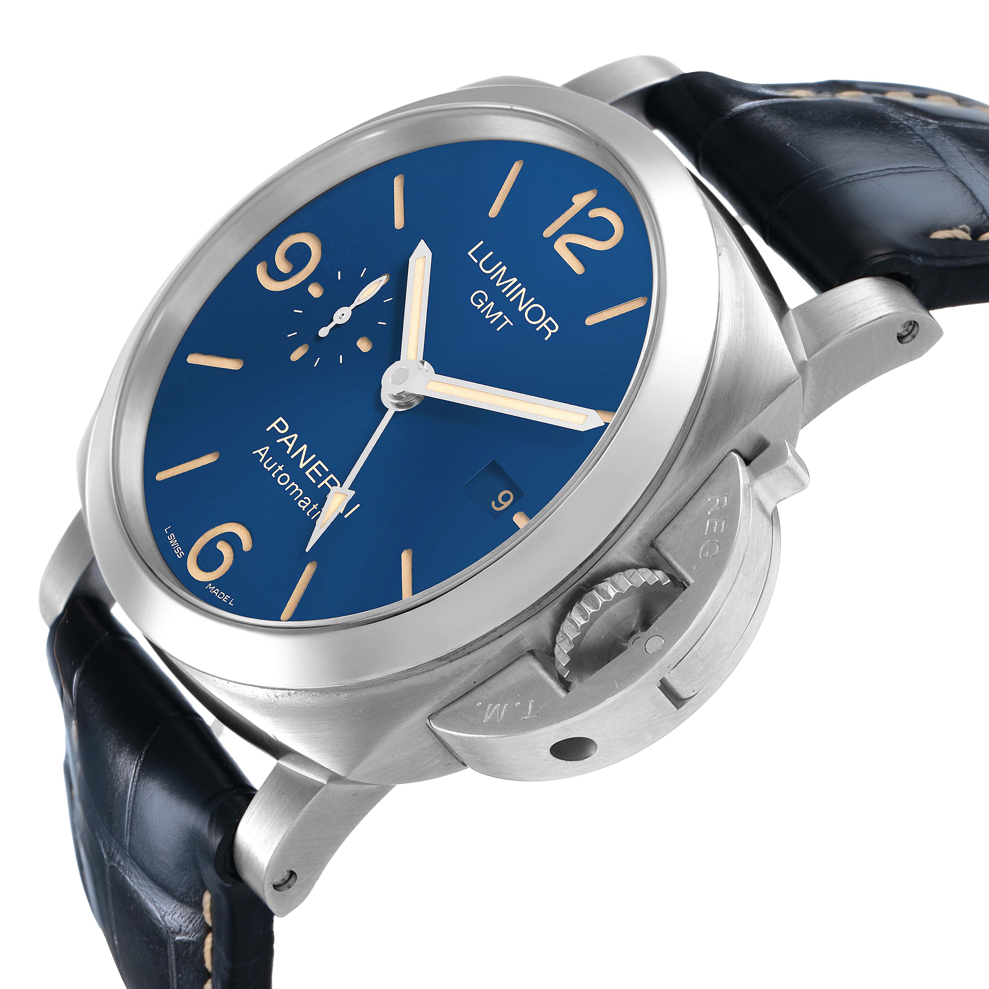 The Panerai Luminor PAM01033 Men's Stainless Steel Blue Dial watch is shown at an angled side view, highlighting the crown guard, blue dial, and numerals.