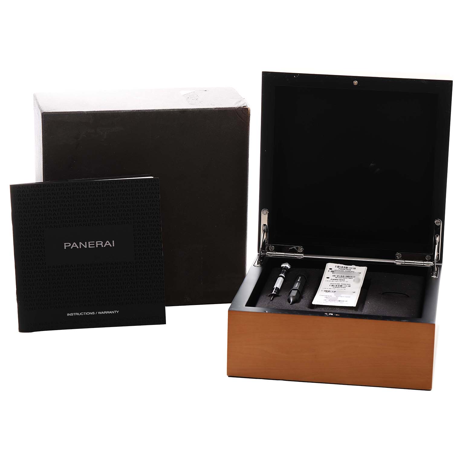 The image shows a Panerai Luminor PAM01033 Men's Stainless Steel Blue Dial box set with accessories, including a booklet, screwdriver, and certification on display.