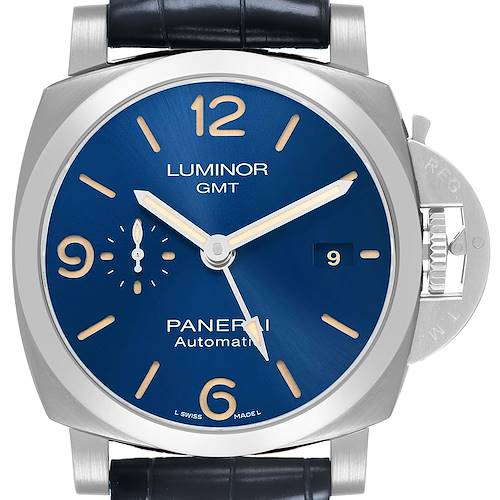 The Panerai Luminor PAM01033 Men's Stainless Steel Blue Dial watch is shown from a frontal angle, displaying the dial, hands, and crown guard mechanism.