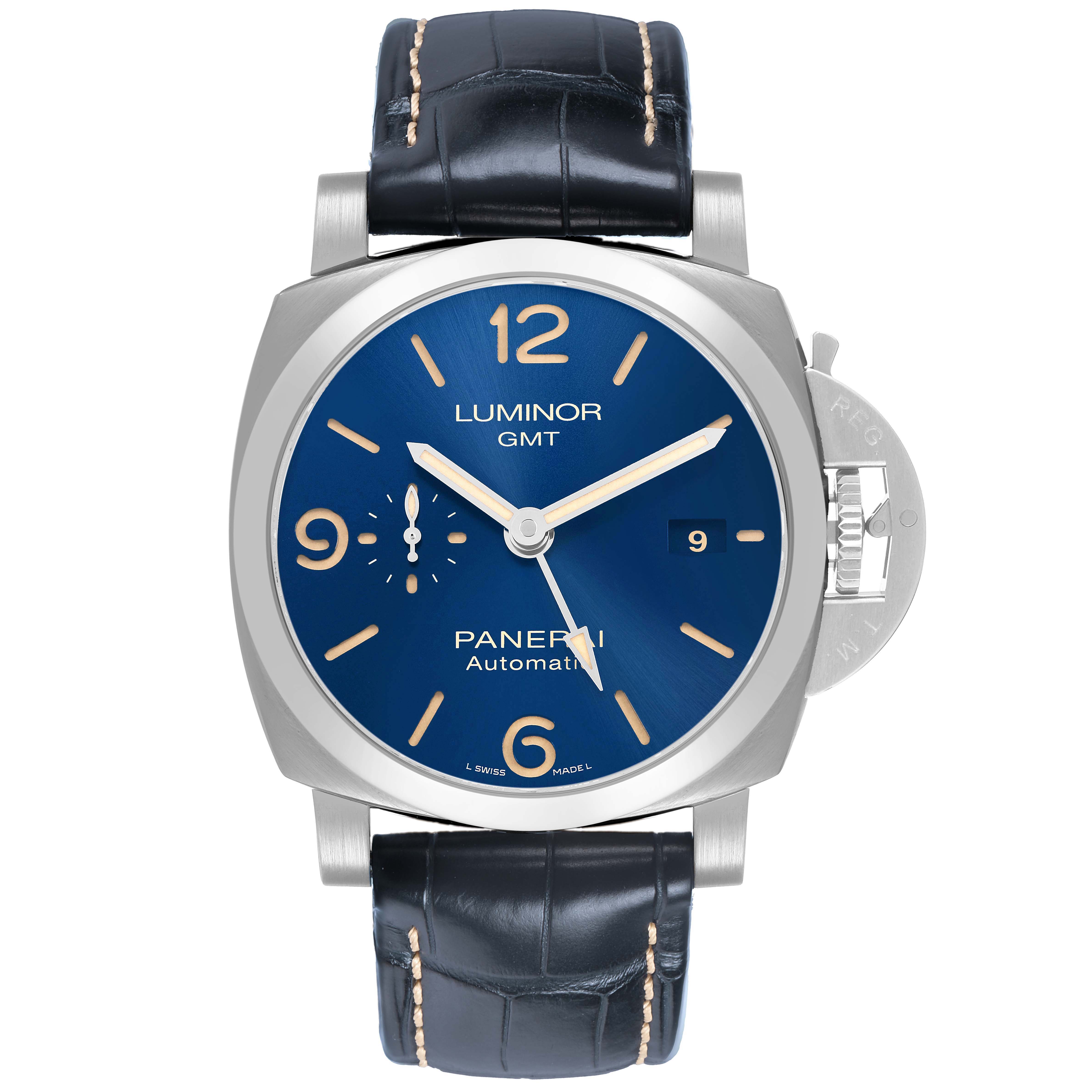 The image shows a front view of a Panerai Luminor PAM01033 Men's Stainless Steel Blue Dial watch, highlighting the dial, crown guard, and strap.