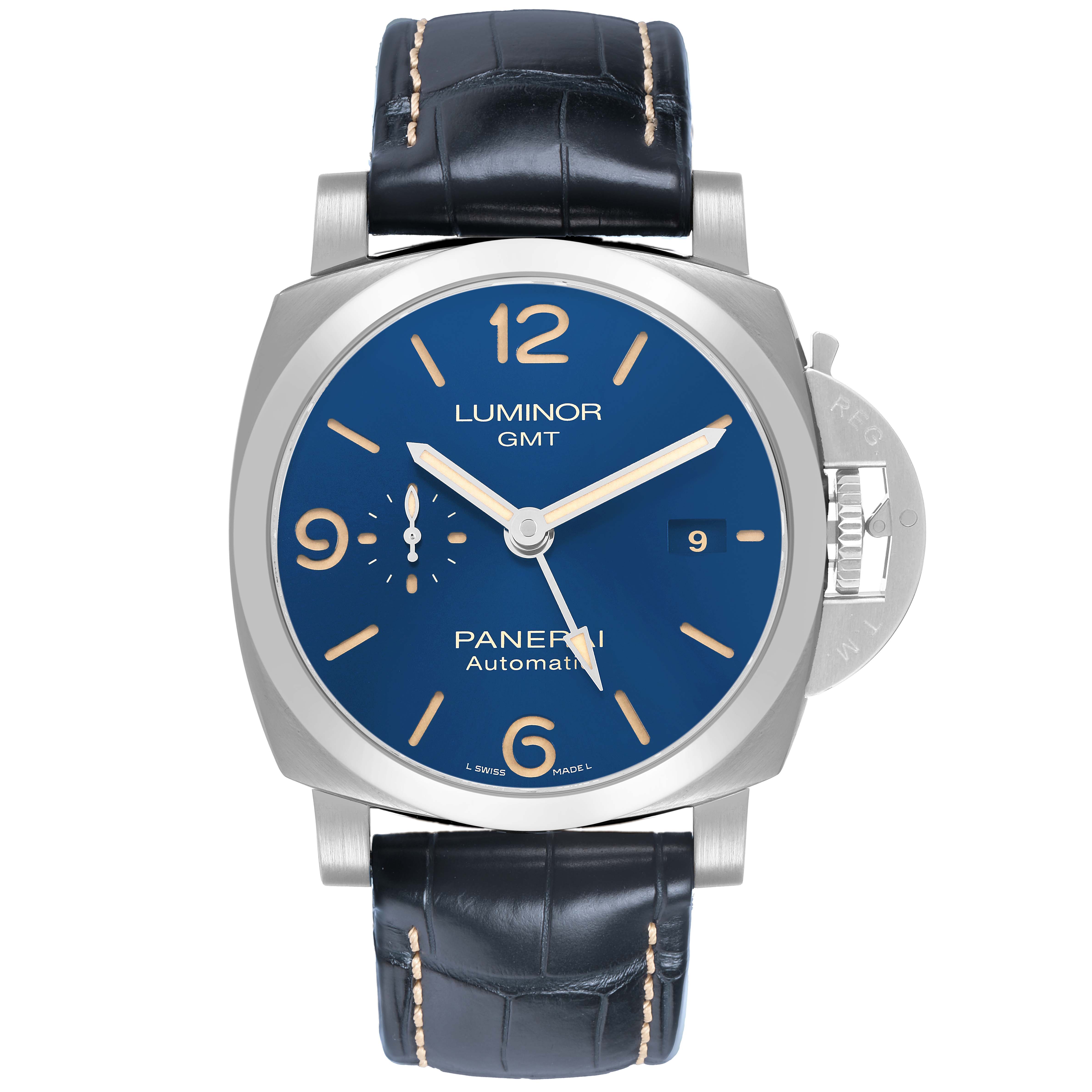 The Panerai Luminor PAM01033 Men's Stainless Steel Blue Dial model is shown from the front, highlighting the blue dial, crown guard, and leather strap.