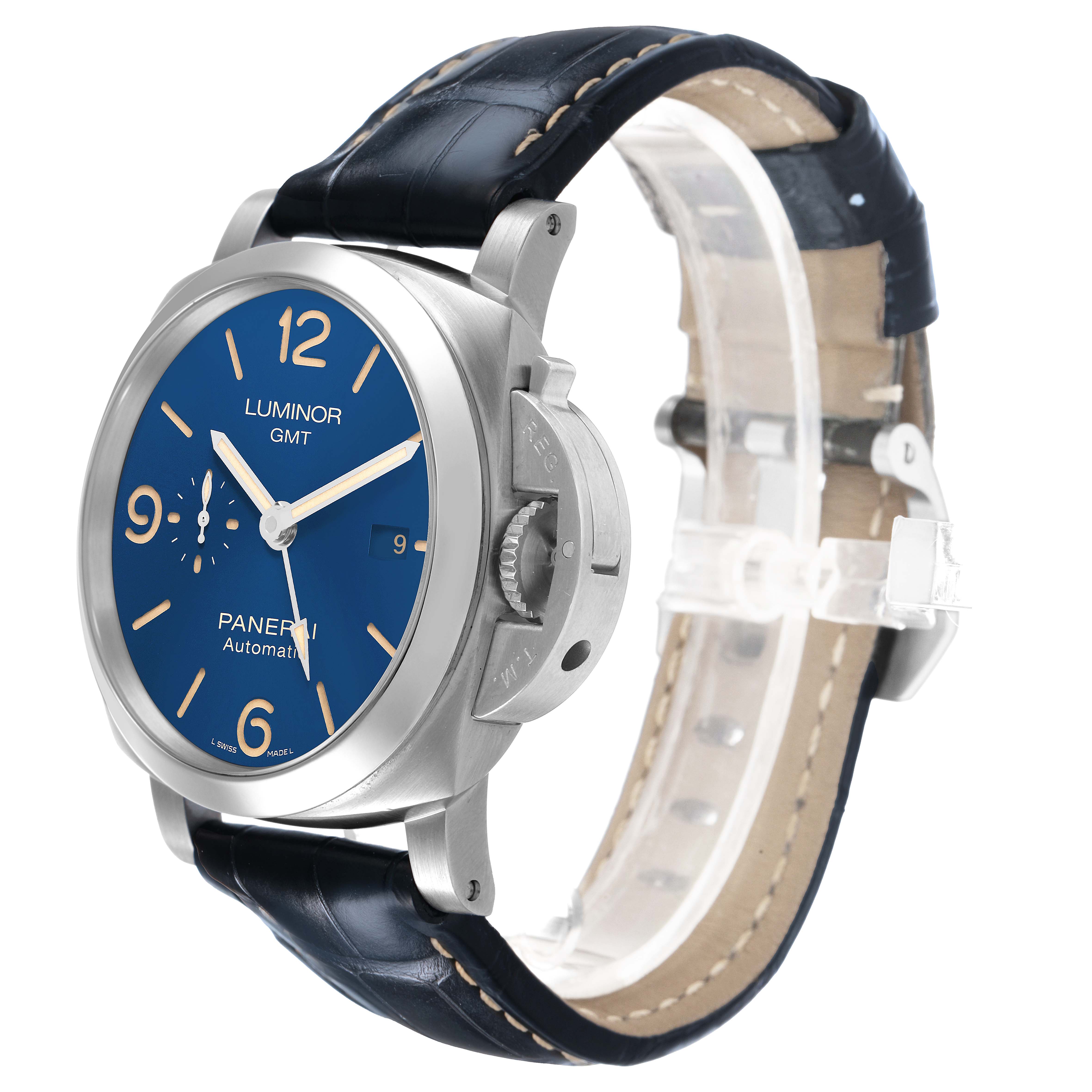 The Panerai Luminor PAM01033 Men's Stainless Steel Blue Dial watch is shown at a three-quarter angle, highlighting the blue dial, crown guard, and black leather strap.
