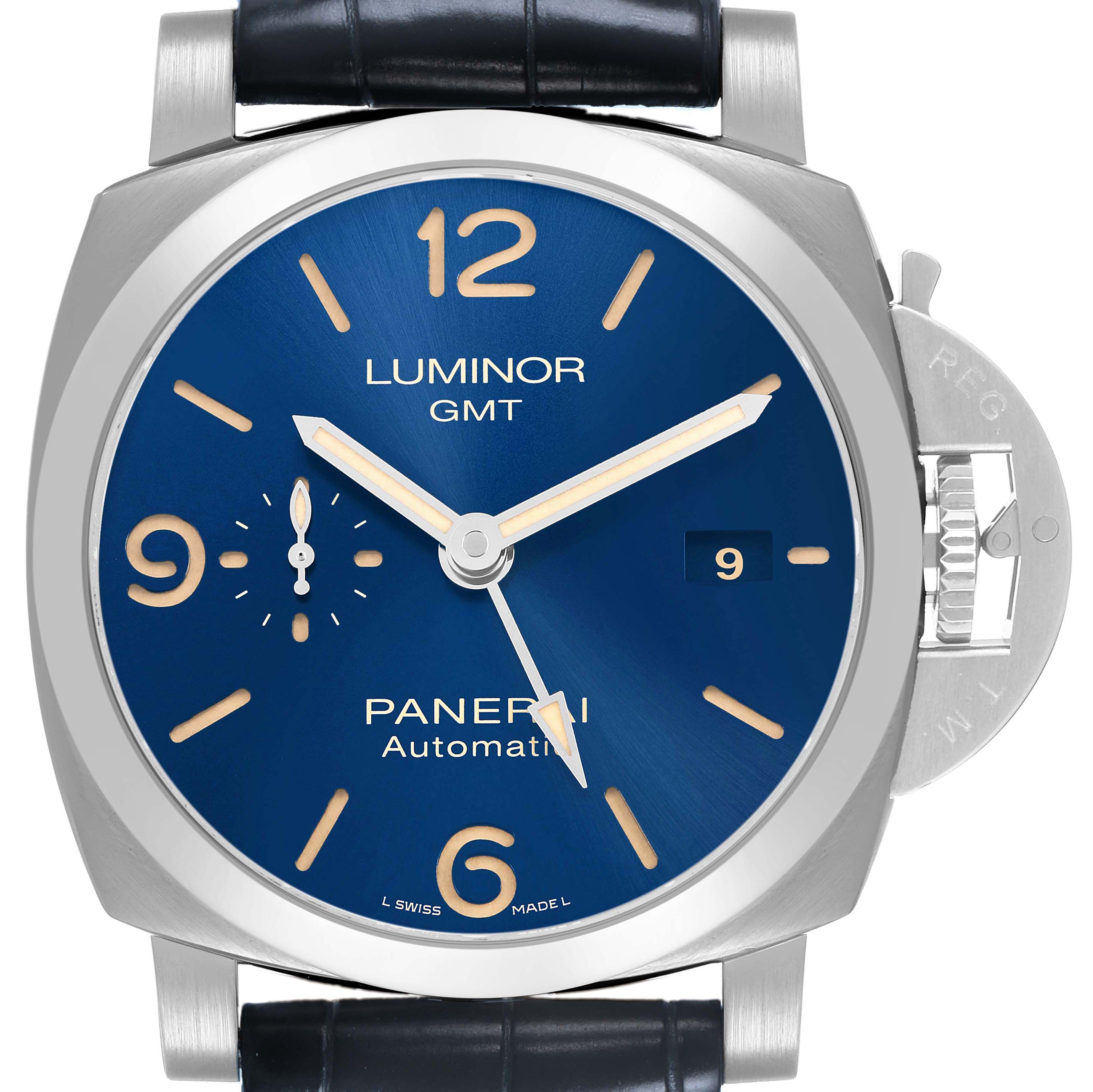 The Panerai Luminor PAM01033 Men's Stainless Steel Blue Dial watch is shown from the front, highlighting the dial, hands, markers, and crown guard.