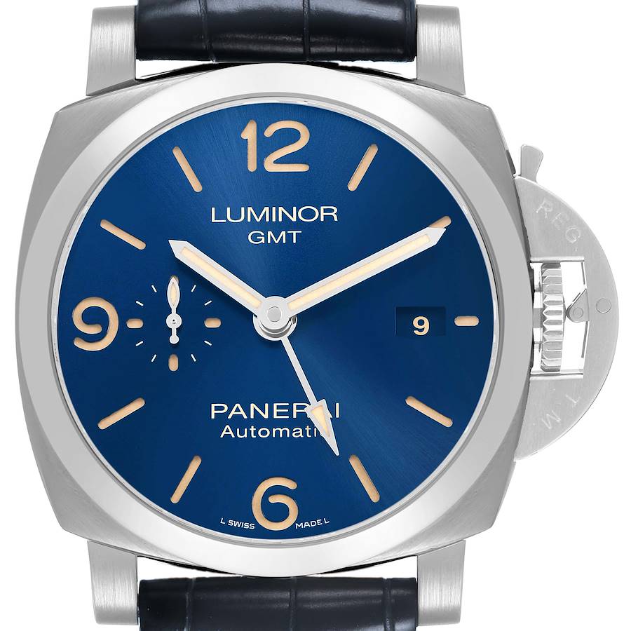 The Panerai Luminor PAM01033 Men's Stainless Steel Blue Dial watch is shown from the front, highlighting the dial, hands, markers, and crown guard.