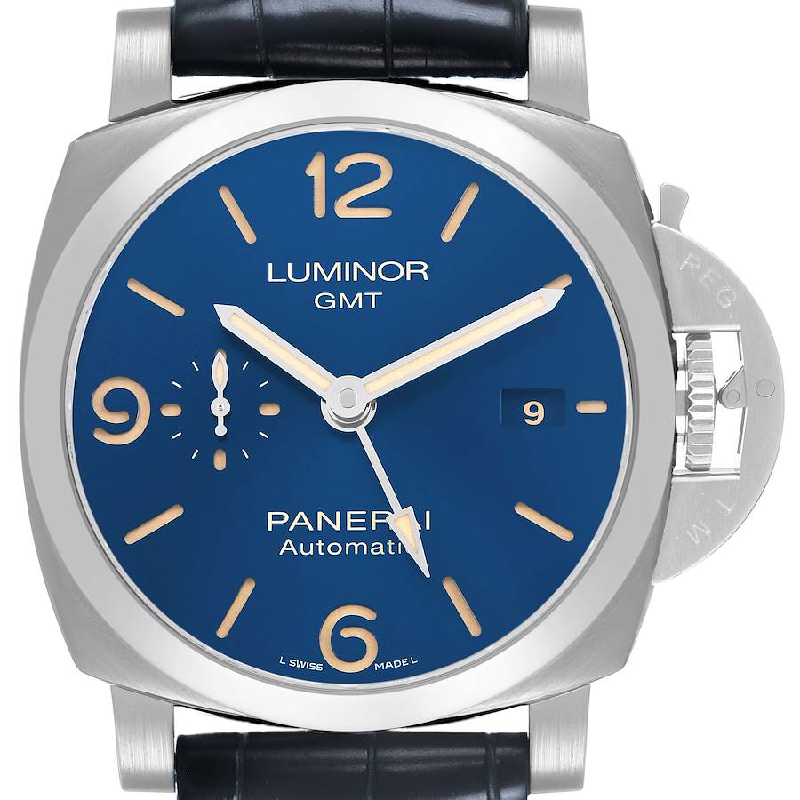 The Panerai Luminor PAM01033 Men's Stainless Steel Blue Dial watch is shown from a front angle, highlighting the blue dial, crown guard, and date display.