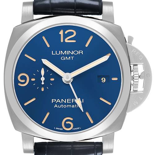 The Panerai Luminor PAM01033 Mens Stainless Steel Blue Dial watch is shown from a front view, displaying the dial, hands, crown guard, and strap attachment.