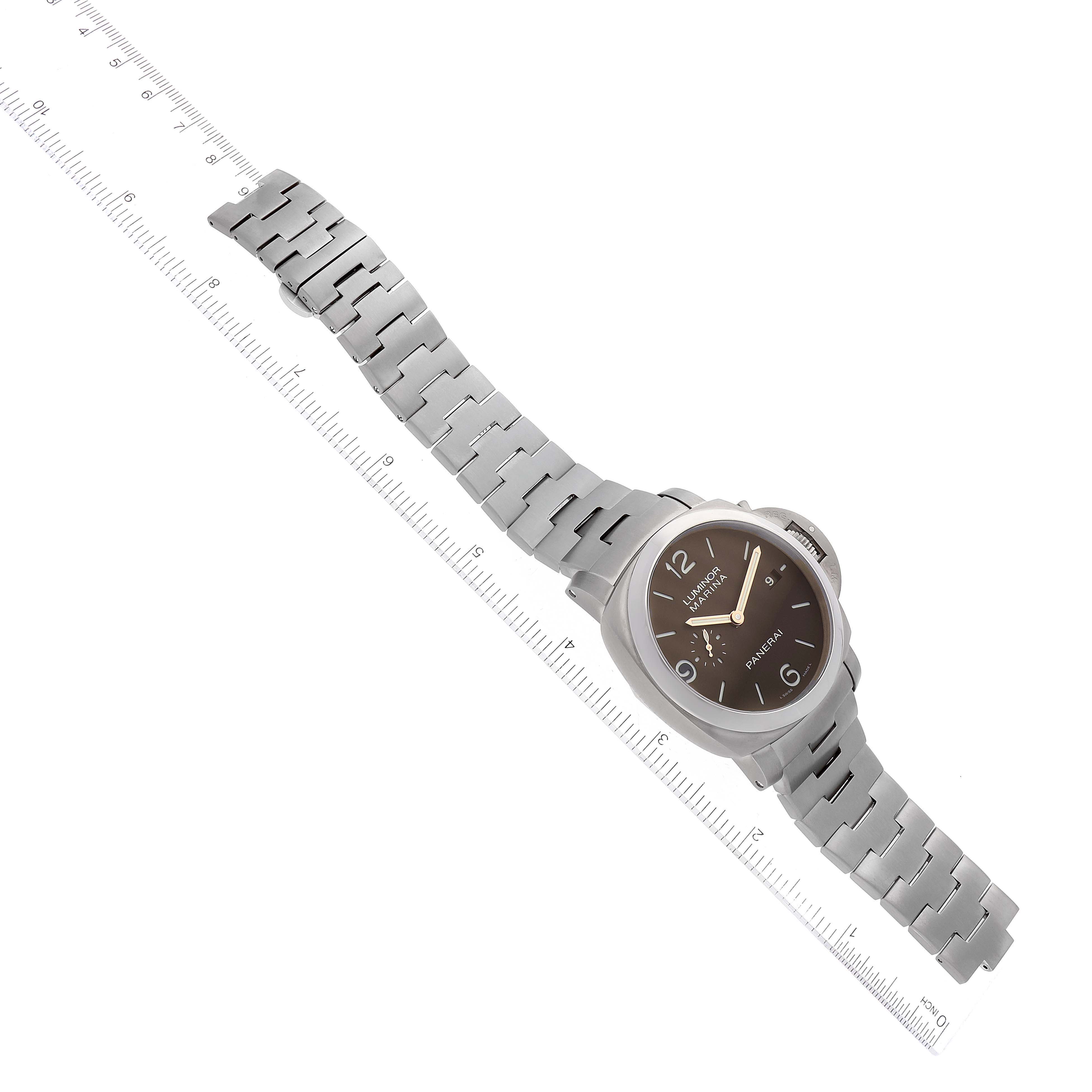 The image shows a Panerai Luminor PAM00352 Men's Titanium Brown Dial PAM00352 Men's Titanium Brown Dial watch laid flat, displaying the entire bracelet, watch face, and case at an overhead angle.