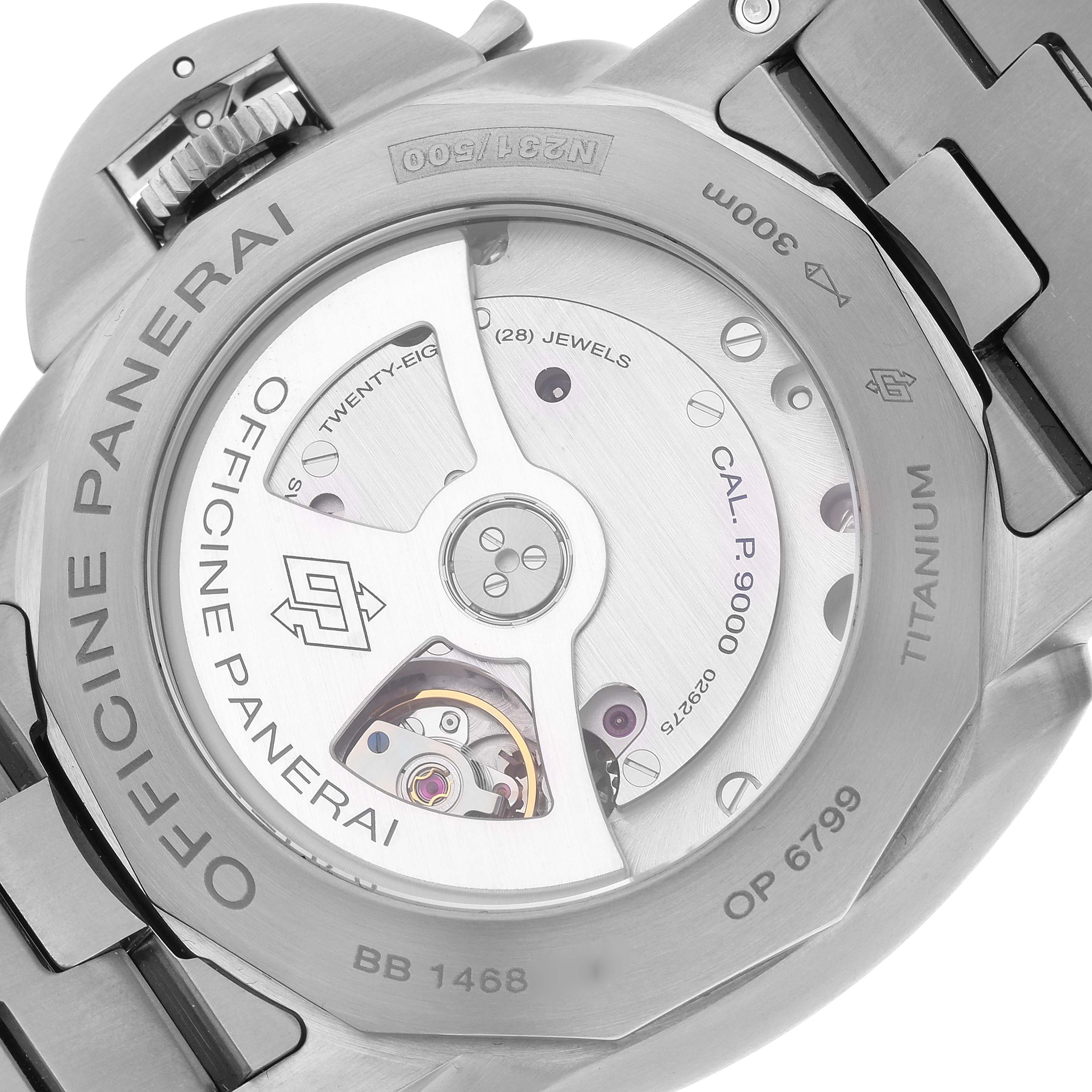 The image shows the back view of a Panerai Luminor PAM00352 Men's Titanium Brown Dial PAM00352 Men's Titanium Brown Dial watch, highlighting the movement and case details.