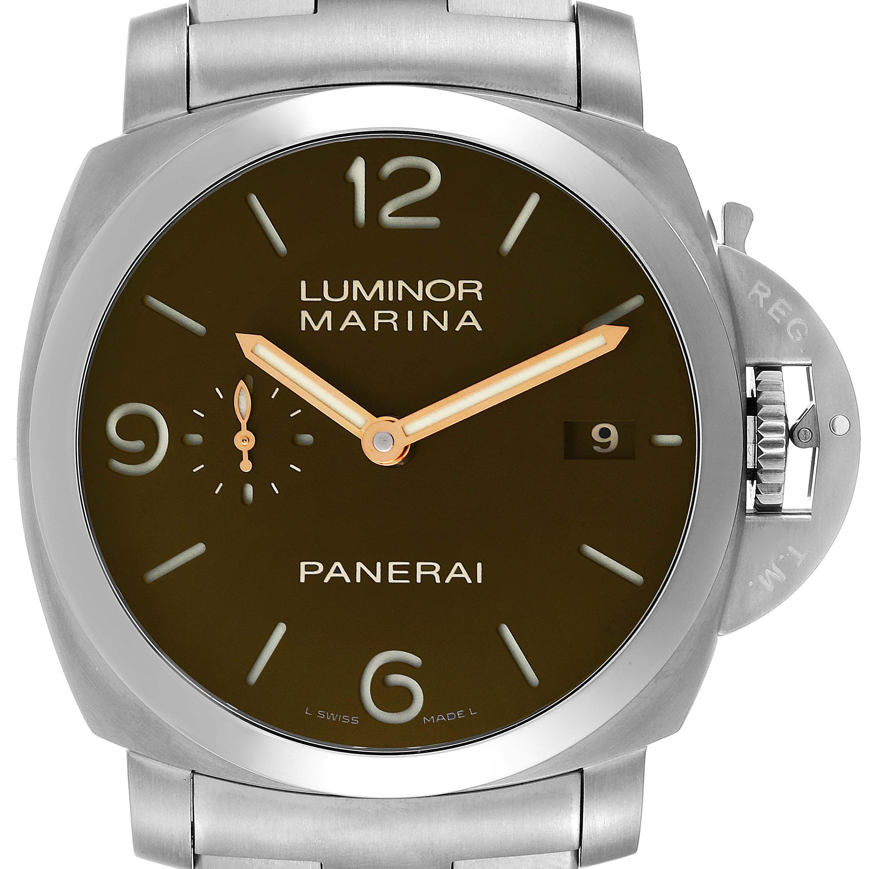 The image shows a front view of a Panerai Luminor PAM00352 Men's Titanium Brown Dial PAM00352 Men's Titanium Brown Dial Marina watch, highlighting its dial, hands, date display, and crown guard.