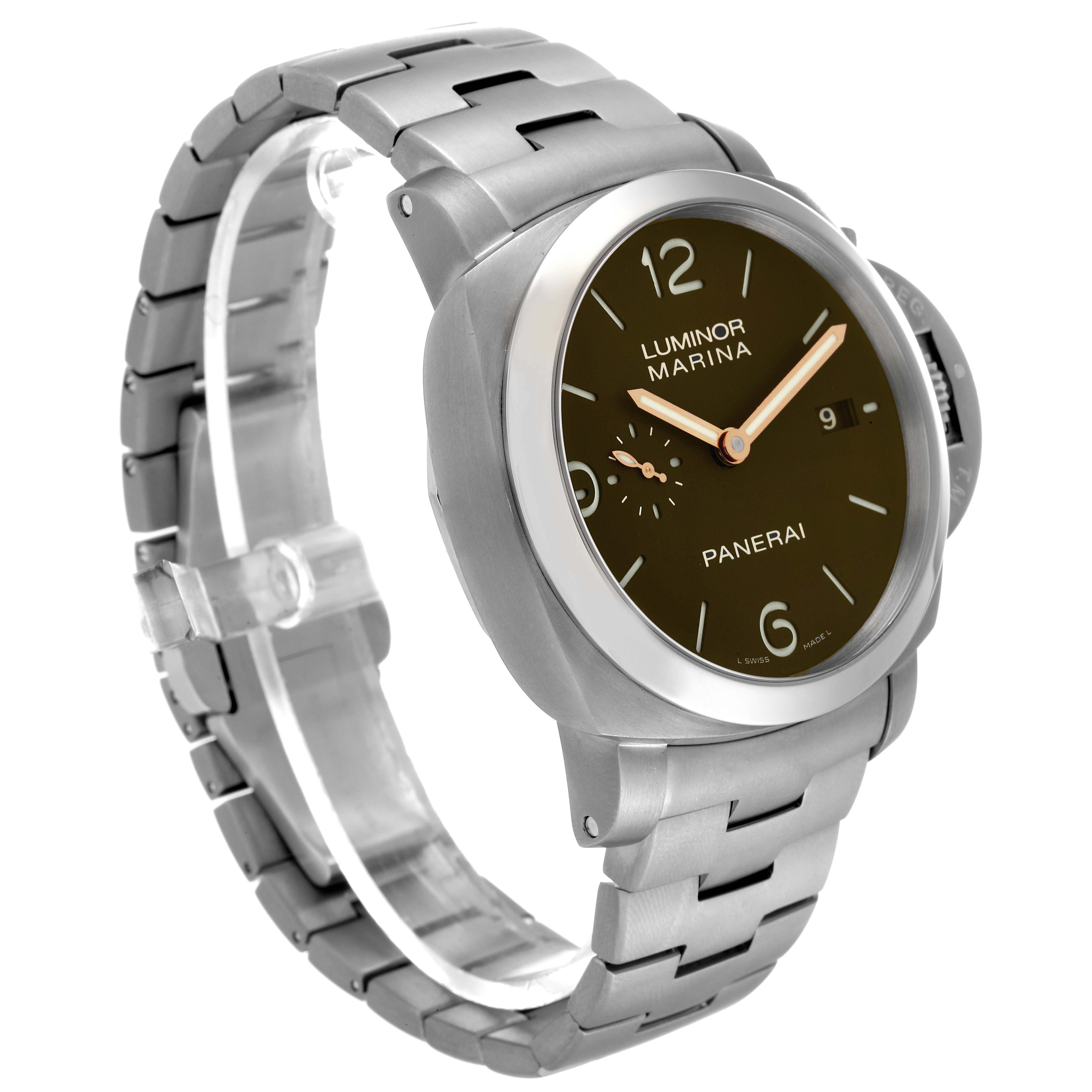 This Panerai Luminor PAM00352 Men's Titanium Brown Dial PAM00352 Men's Titanium Brown Dial model watch is shown at a three-quarter angle, displaying the face, casing, and stainless steel bracelet.