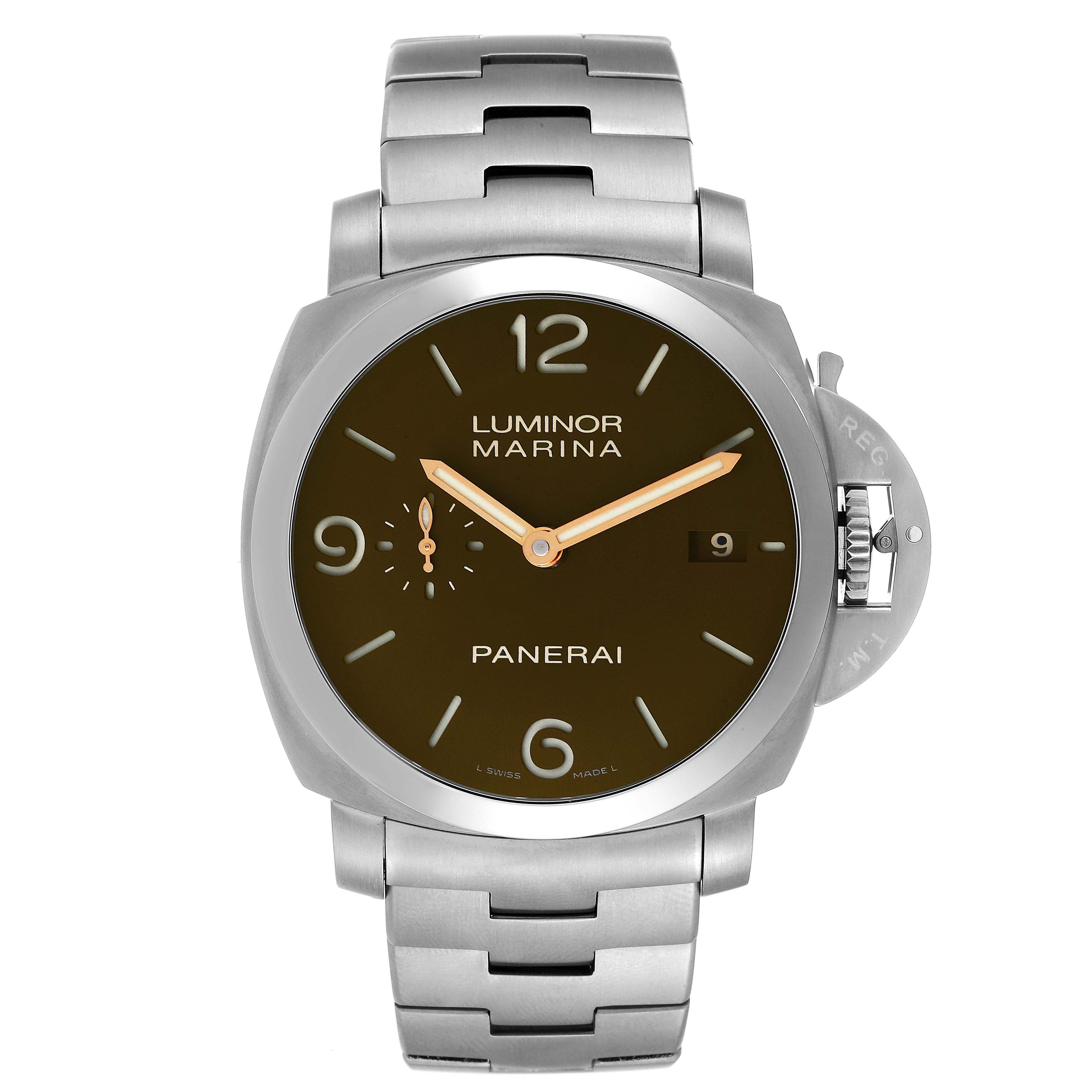 The image shows a frontal view of a Panerai Luminor PAM00352 Men's Titanium Brown Dial PAM00352 Men's Titanium Brown Dial watch, displaying its dial, bezel, crown guard, and bracelet.