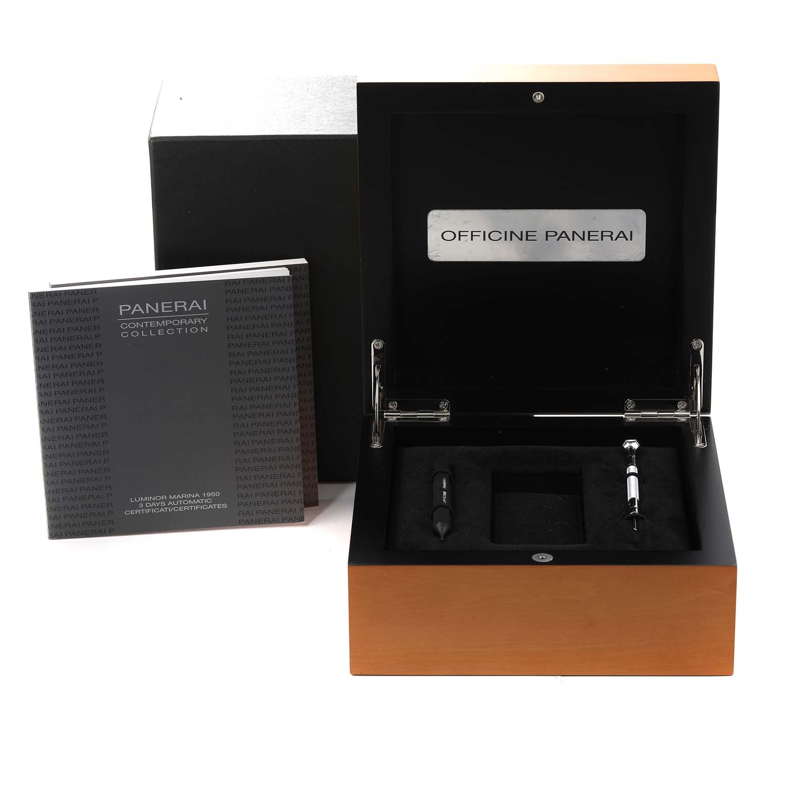 The image shows an open Panerai Luminor PAM00352 Men's Titanium Brown Dial PAM00352 Men's Titanium Brown Dial watch box with an instruction booklet and watch tools displayed.