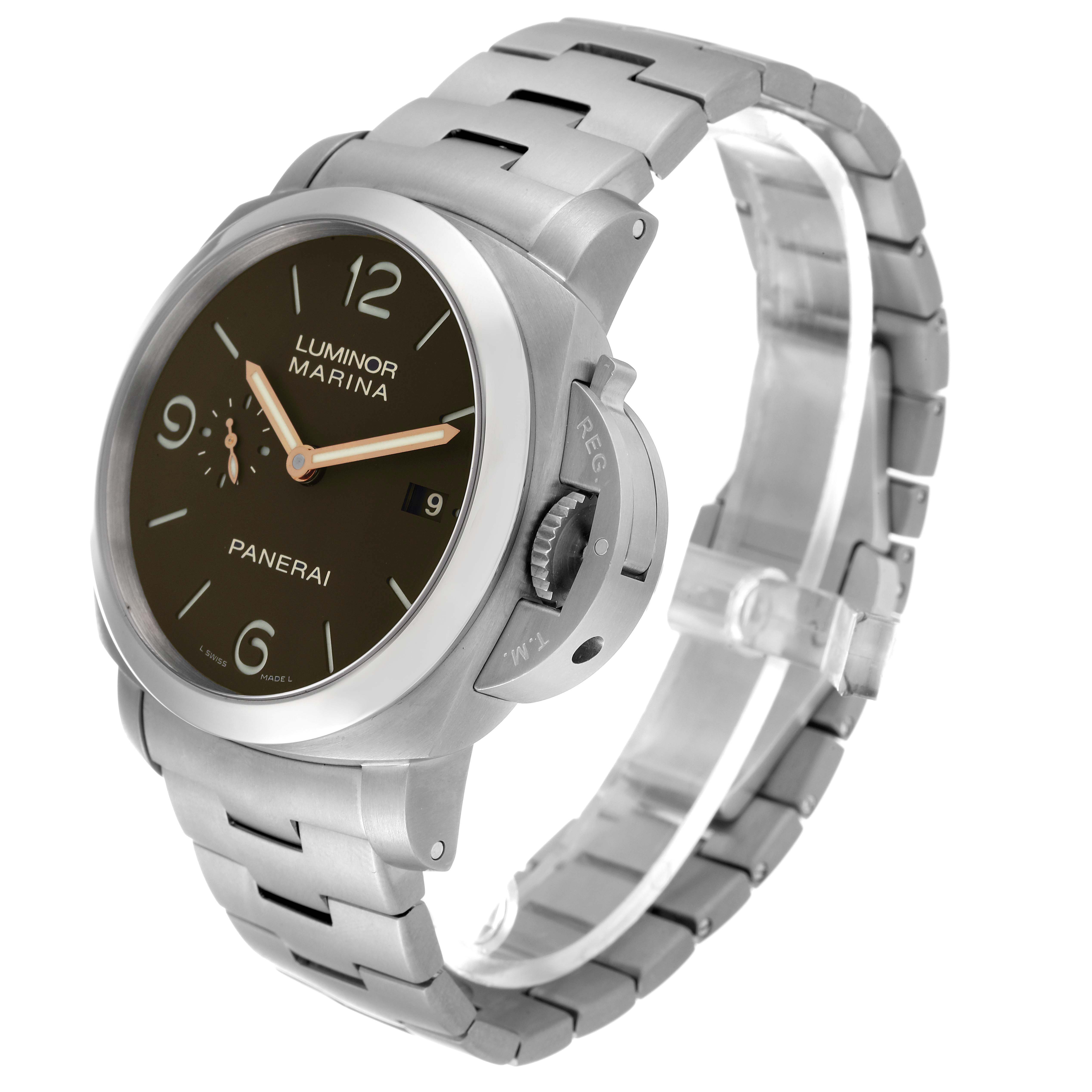 This Panerai Luminor PAM00352 Men's Titanium Brown Dial PAM00352 Men's Titanium Brown Dial model watch is shown from an angled front-left view, showcasing the dial, bracelet, and crown guard.