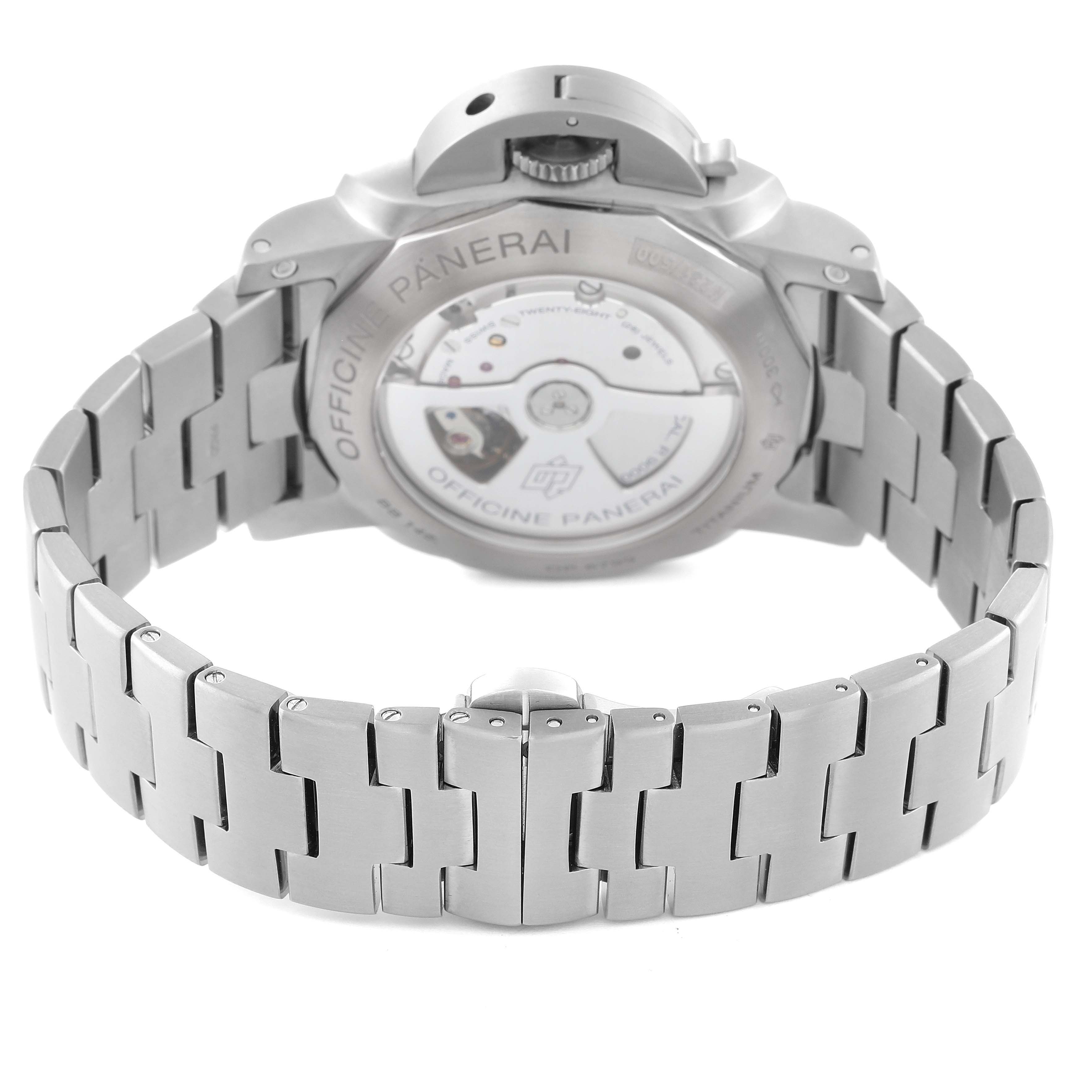 The image shows the back and bracelet of a Panerai Luminor PAM00352 Men's Titanium Brown Dial PAM00352 Men's Titanium Brown Dial watch, highlighting its metallic strap and exposed movement.