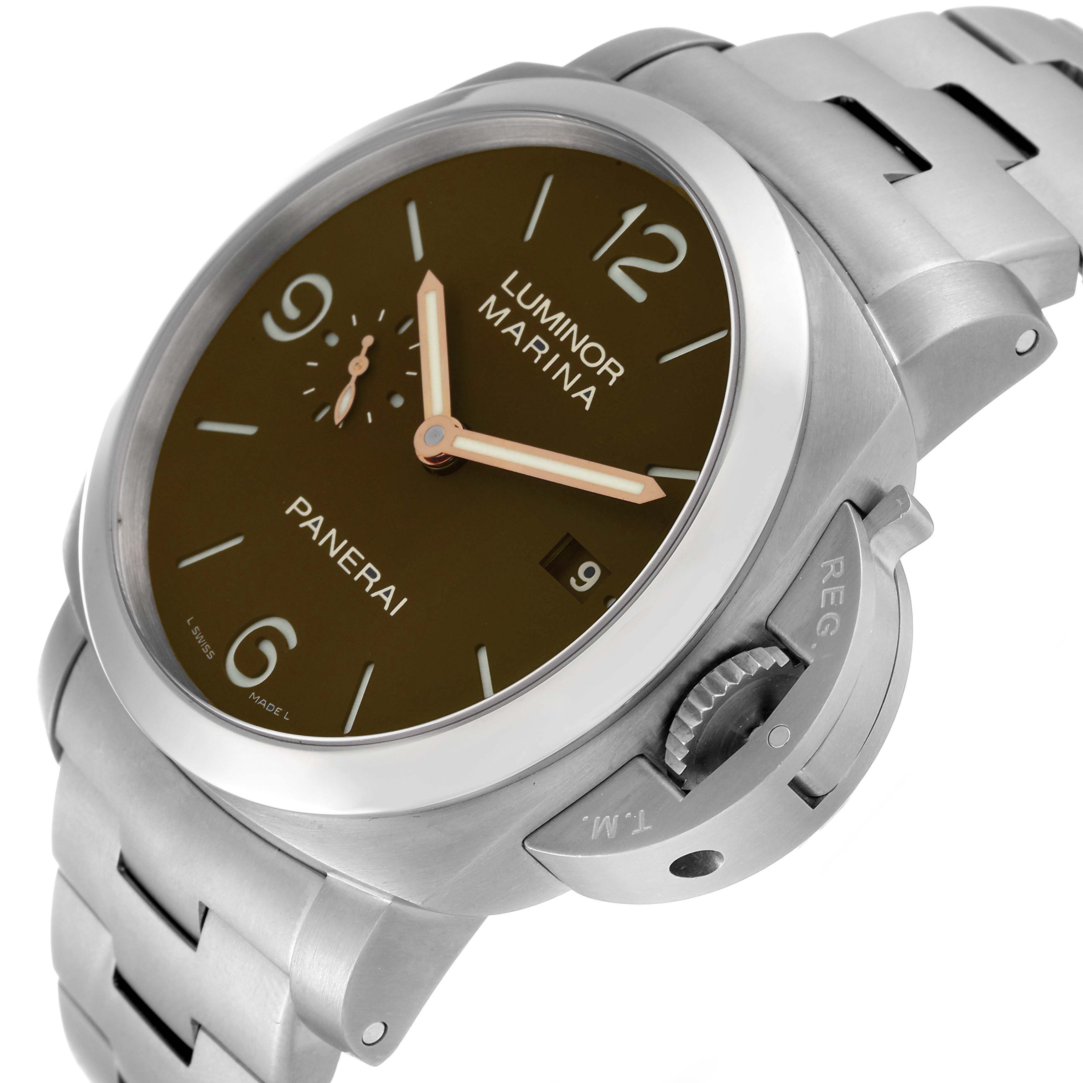 The image shows a Panerai Luminor PAM00352 Men's Titanium Brown Dial PAM00352 Men's Titanium Brown Dial watch from a partially side angle, highlighting the dial, crown guard, and bracelet.