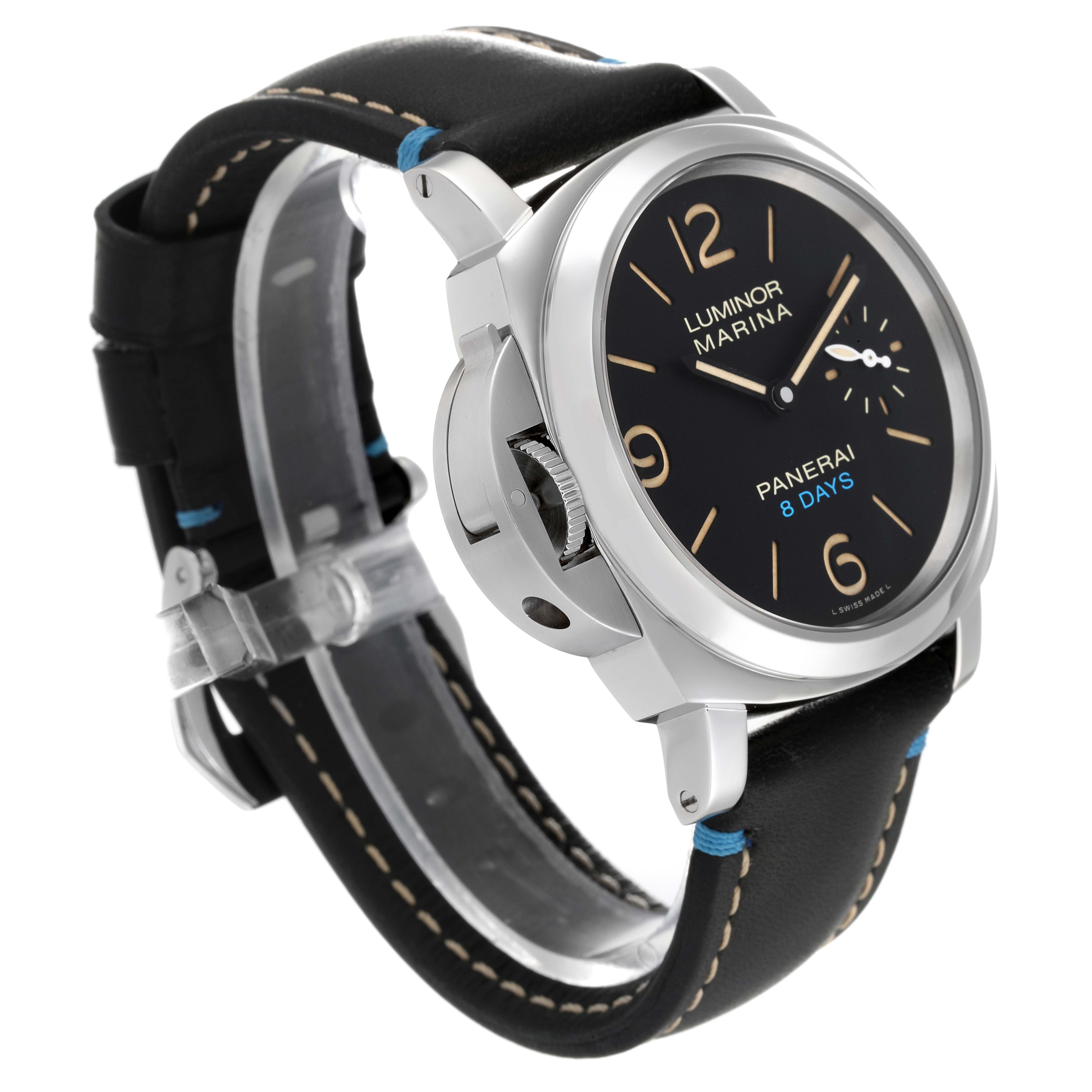 The image shows a Panerai Luminor PAM00796 Men
s Stainless Steel Black Dial PAM00796 Men
s Stainless Steel Black Dial model watch at an angled side view, highlighting its black dial, crown guard, and leather strap.