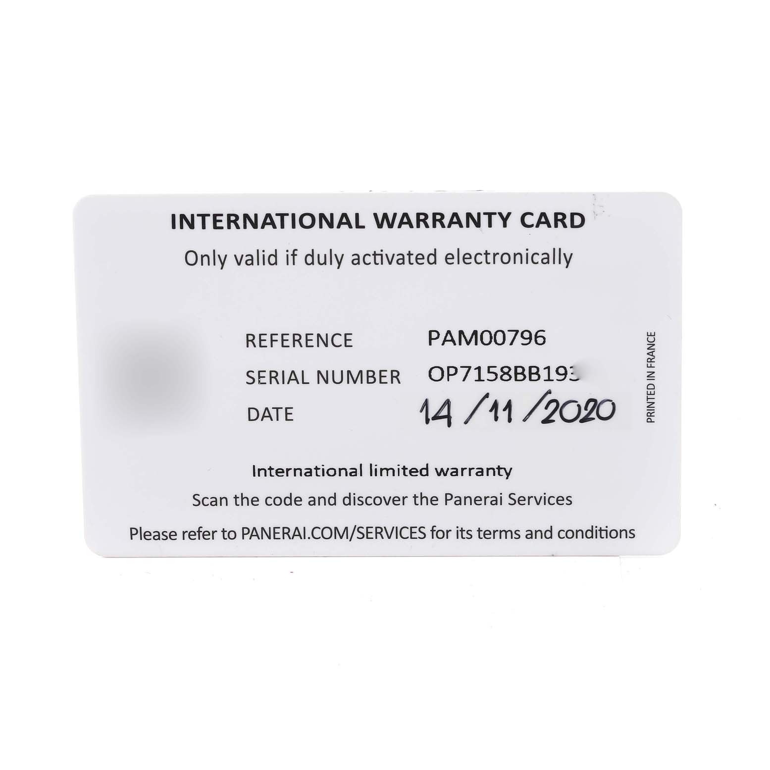 This image shows the front side of an international warranty card for a Panerai Luminor PAM00796 Men
s Stainless Steel Black Dial PAM00796 Men
s Stainless Steel Black Dial model with reference number PAM00796.