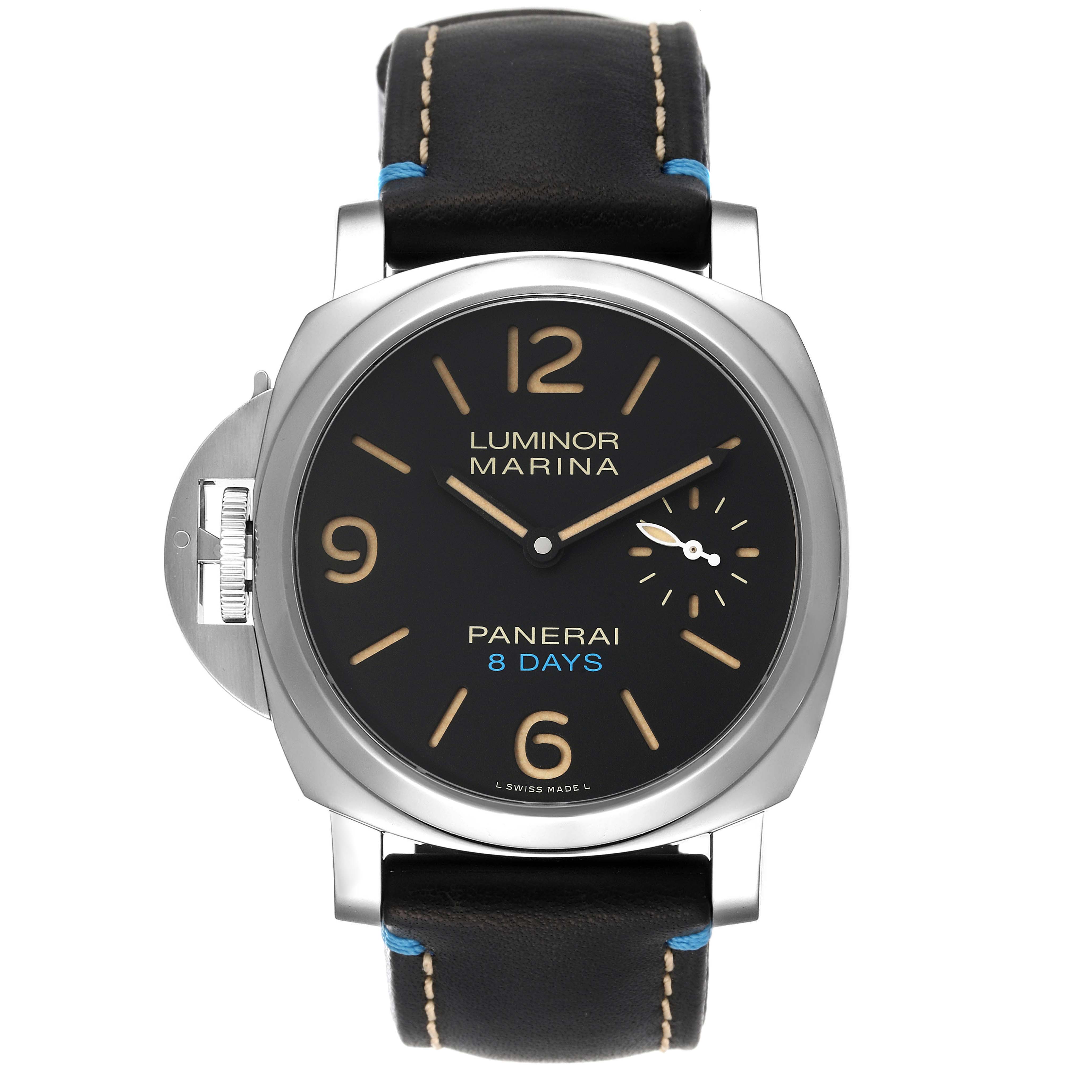 The image shows a front view of a Panerai Luminor PAM00796 Men
s Stainless Steel Black Dial PAM00796 Men
s Stainless Steel Black Dial Marina watch featuring its dial, case, and strap.