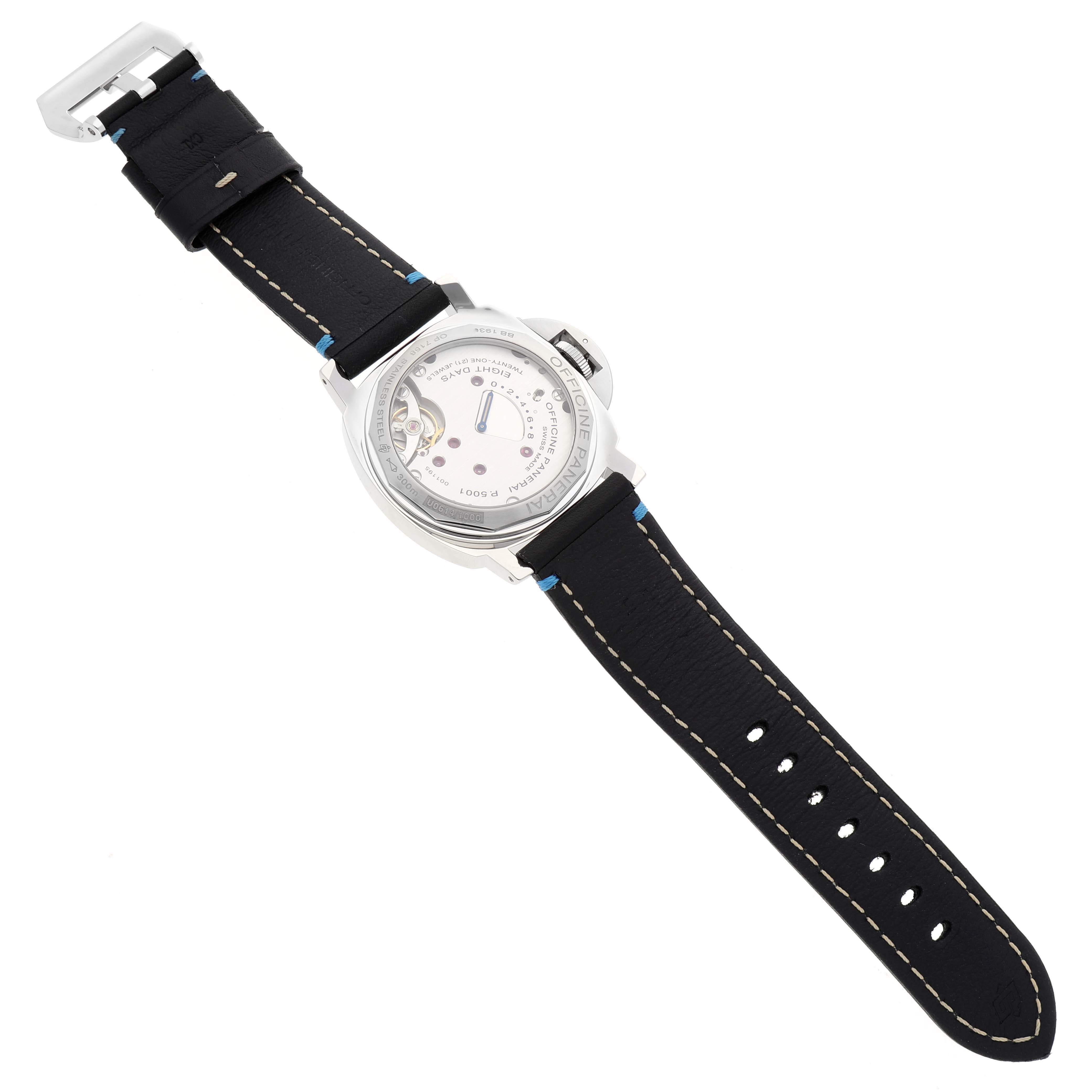 The image shows the back view of a Panerai Luminor PAM00796 Men
s Stainless Steel Black Dial PAM00796 Men
s Stainless Steel Black Dial watch, displaying its case back and black leather strap.