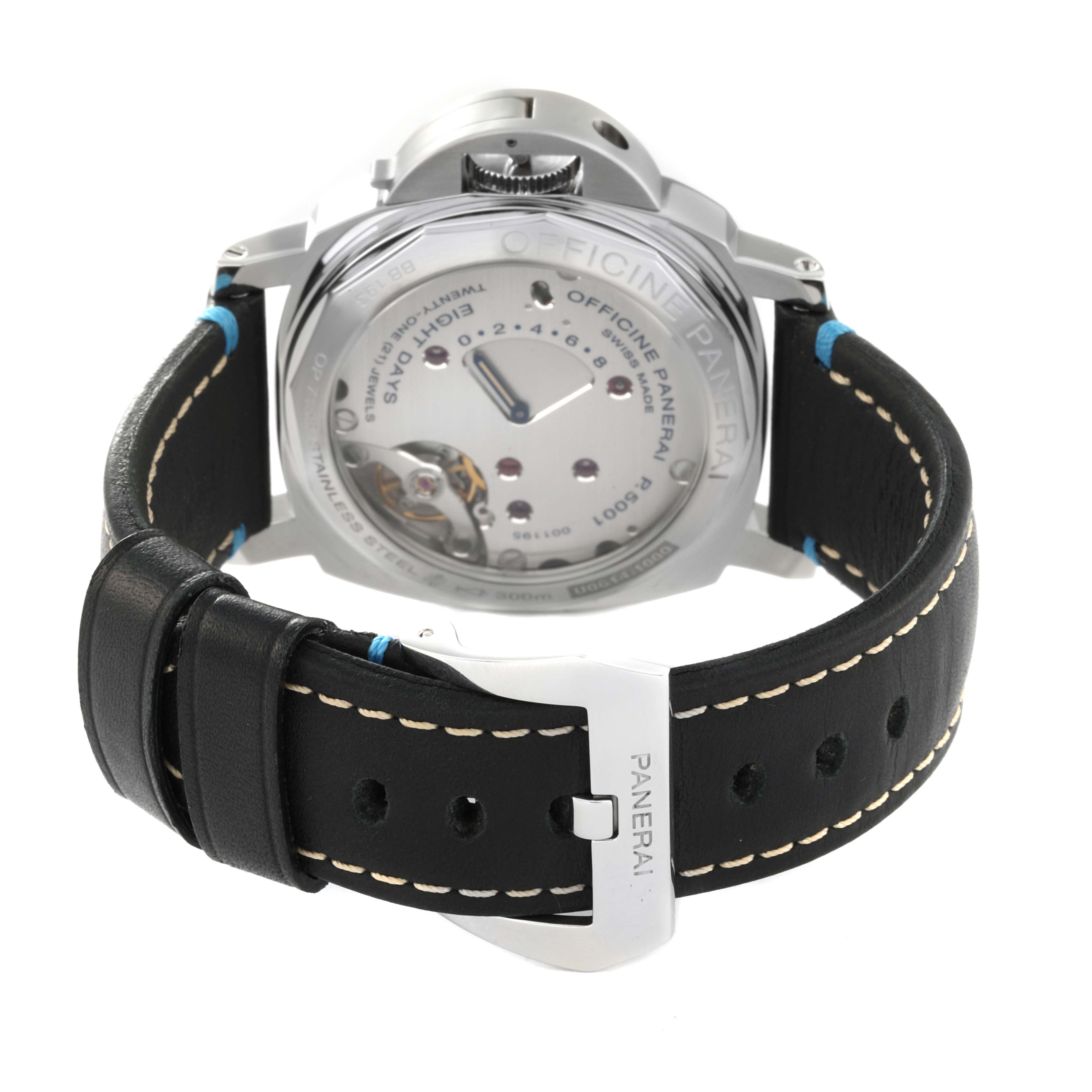 The image shows the rear view of a Panerai Luminor PAM00796 Men
s Stainless Steel Black Dial PAM00796 Men
s Stainless Steel Black Dial watch, focusing on its transparent case back and leather strap with the Panerai buckle.