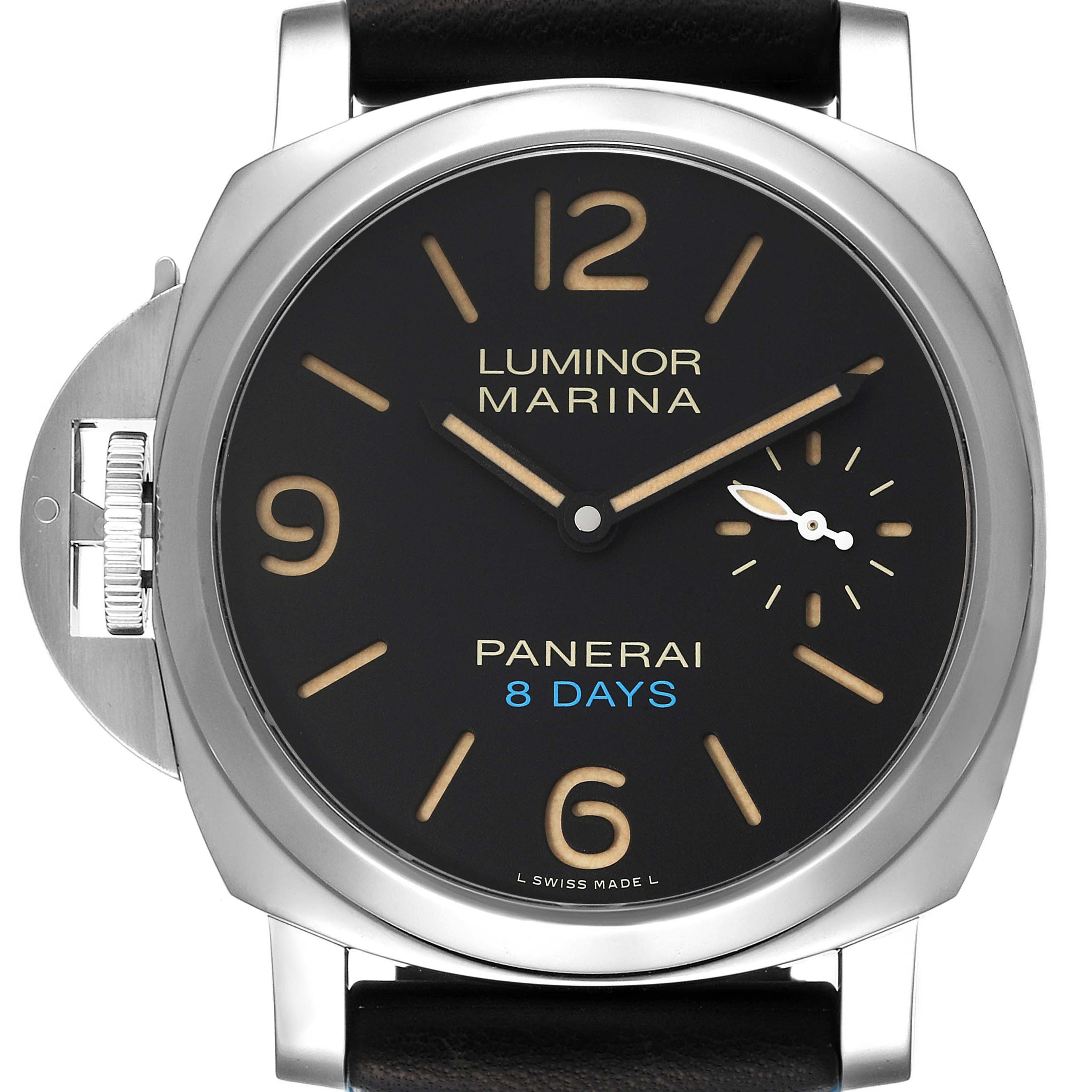 The image shows a front view of a Panerai Luminor PAM00796 Men
s Stainless Steel Black Dial PAM00796 Men
s Stainless Steel Black Dial Marina watch, highlighting its dial, case, and crown protector.