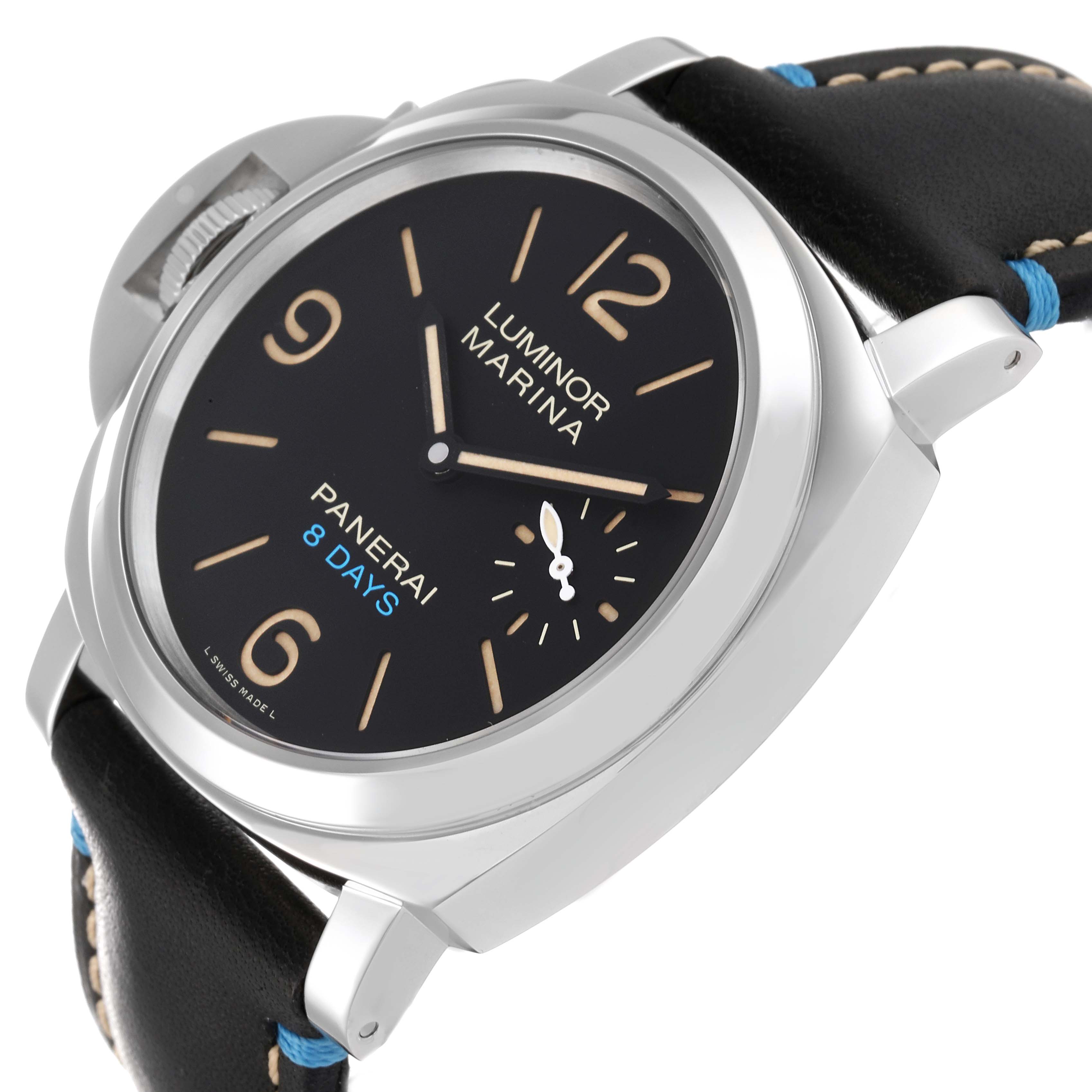 The image shows a close-up angled view of the Panerai Luminor PAM00796 Men
s Stainless Steel Black Dial PAM00796 Men
s Stainless Steel Black Dial watch face and part of the strap.