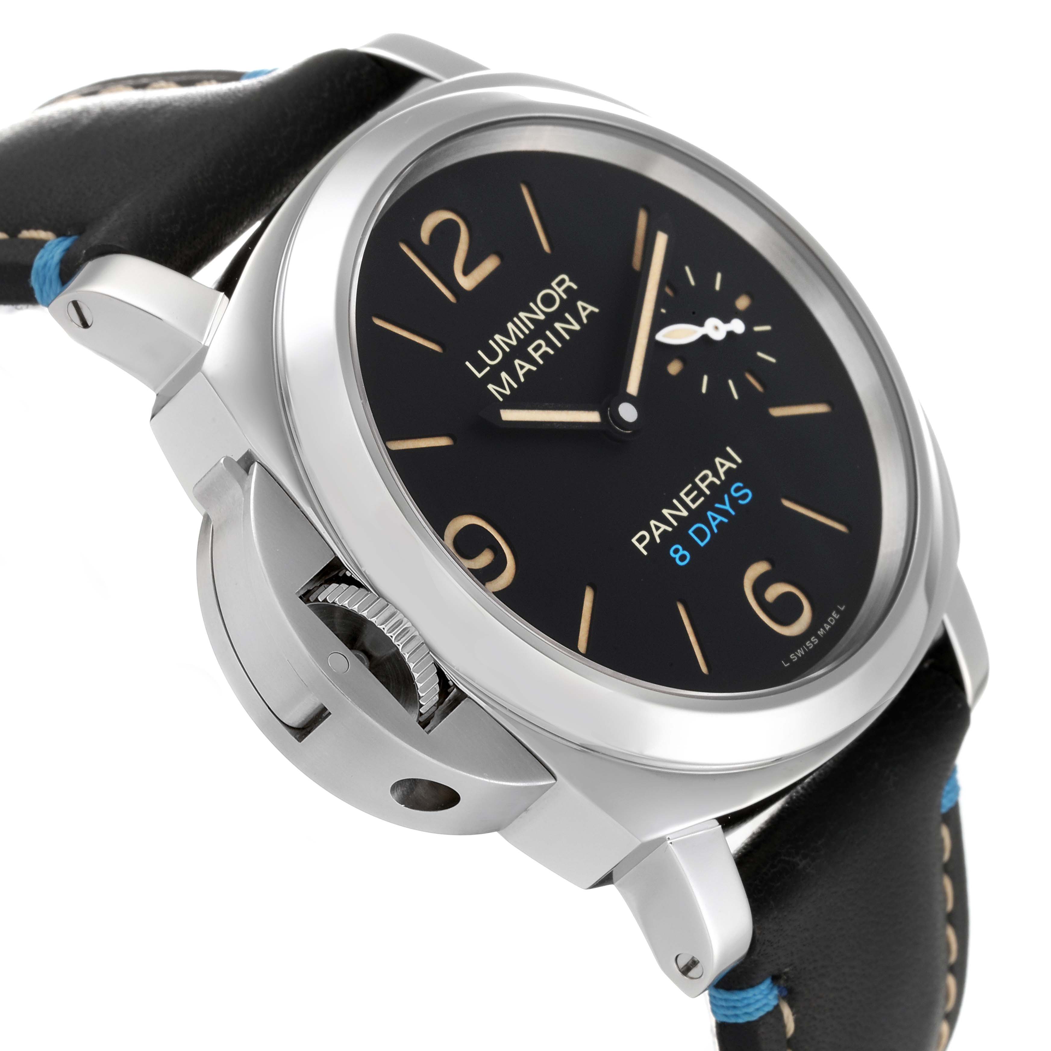 The Panerai Luminor PAM00796 Men
s Stainless Steel Black Dial PAM00796 Men
s Stainless Steel Black Dial model watch is shown at a side angle, highlighting the dial, case, crown guard, and strap.