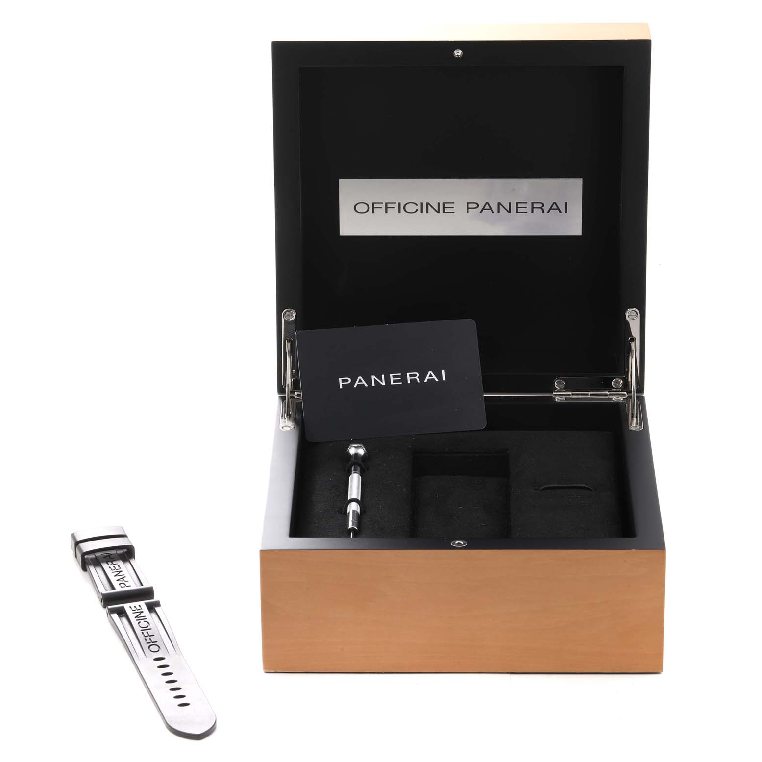 The image shows a Panerai Luminor PAM00796 Men
s Stainless Steel Black Dial PAM00796 Men
s Stainless Steel Black Dial watch box with an extra strap and tool.