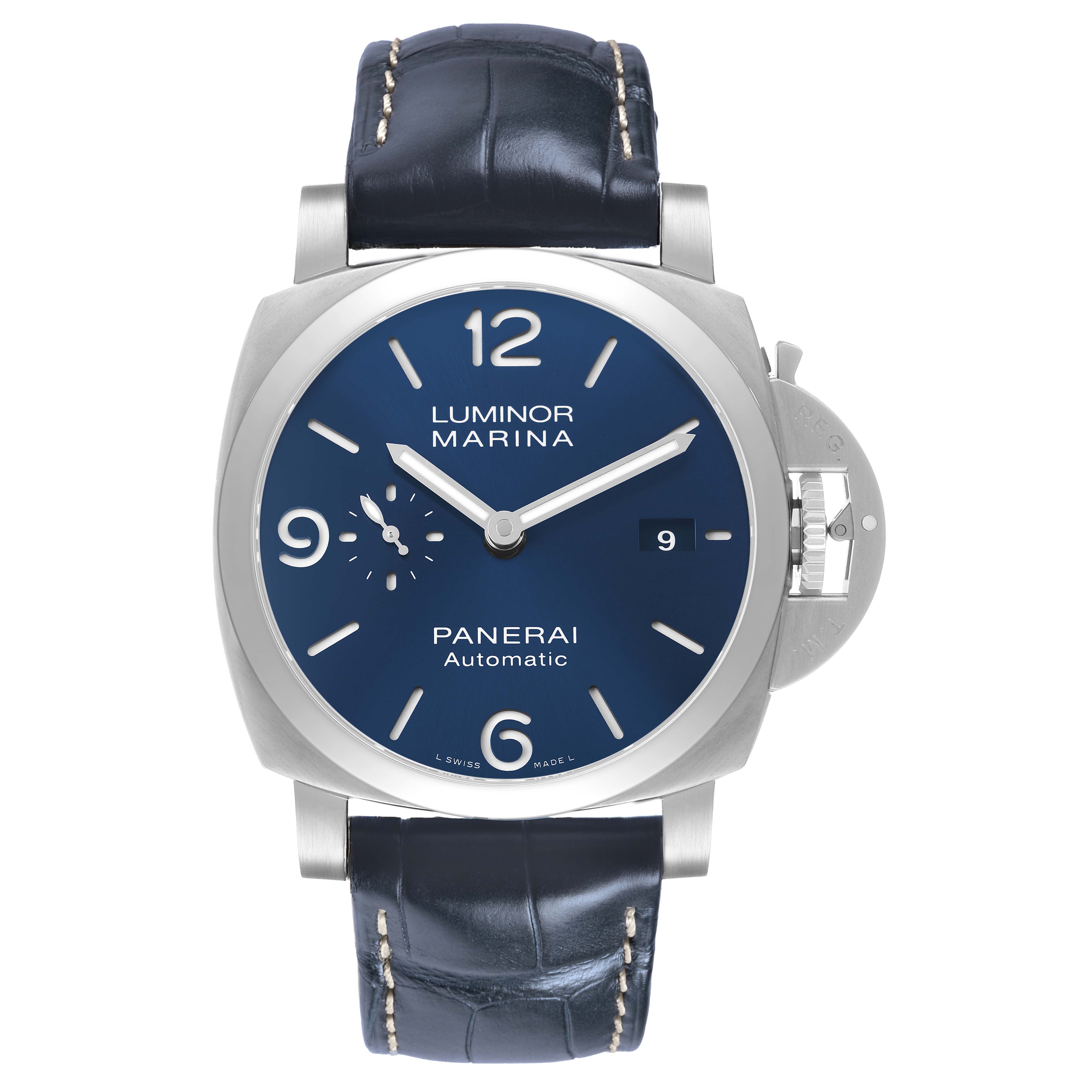 The image shows a front view of the Panerai Luminor PAM01313 Men's Stainless Steel Blue Dial watch, displaying its face, strap, and distinctive crown guard.