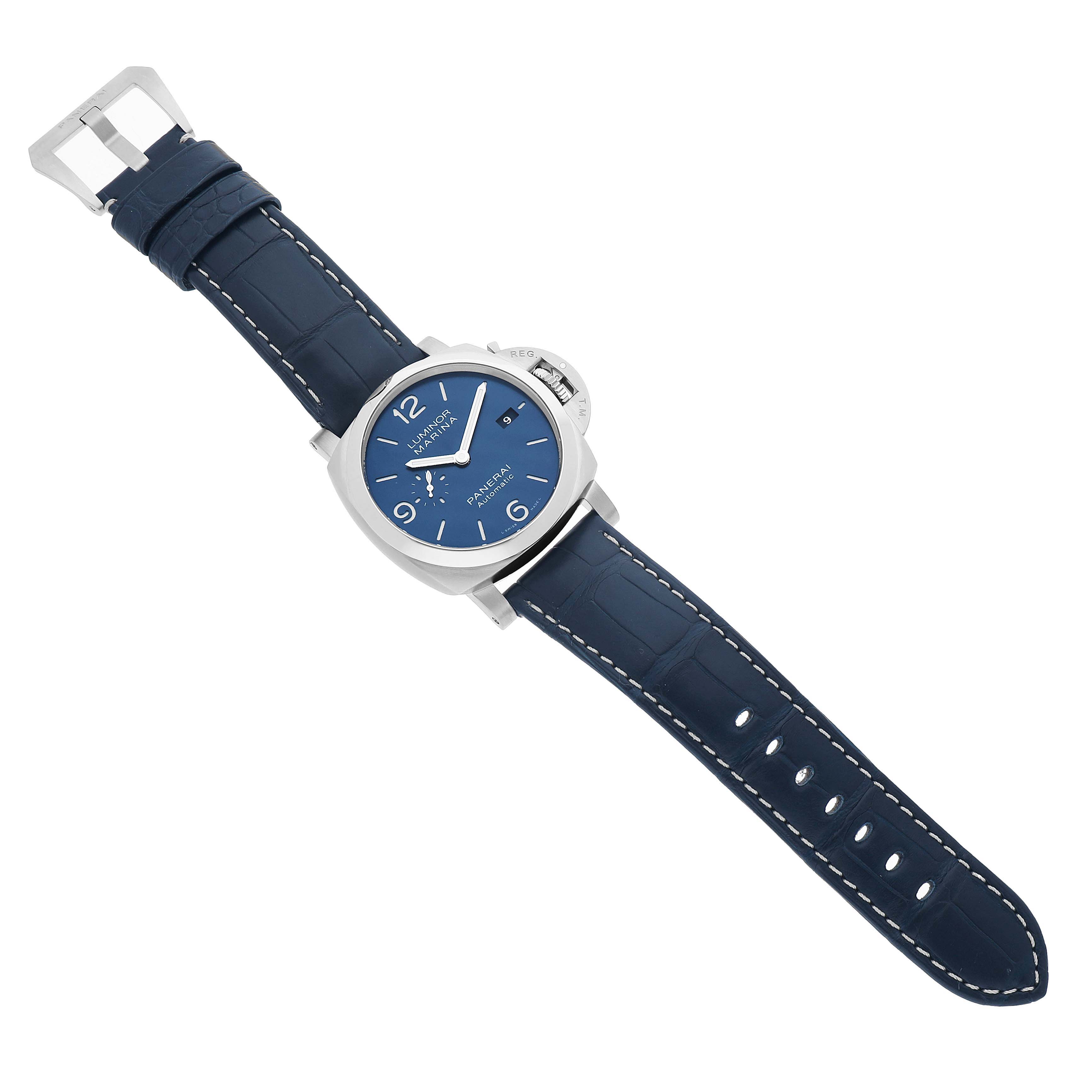 The Panerai Luminor PAM01313 Men's Stainless Steel Blue Dial watch is shown from a top-down angle, displaying the face, case, and blue leather strap with white stitching.