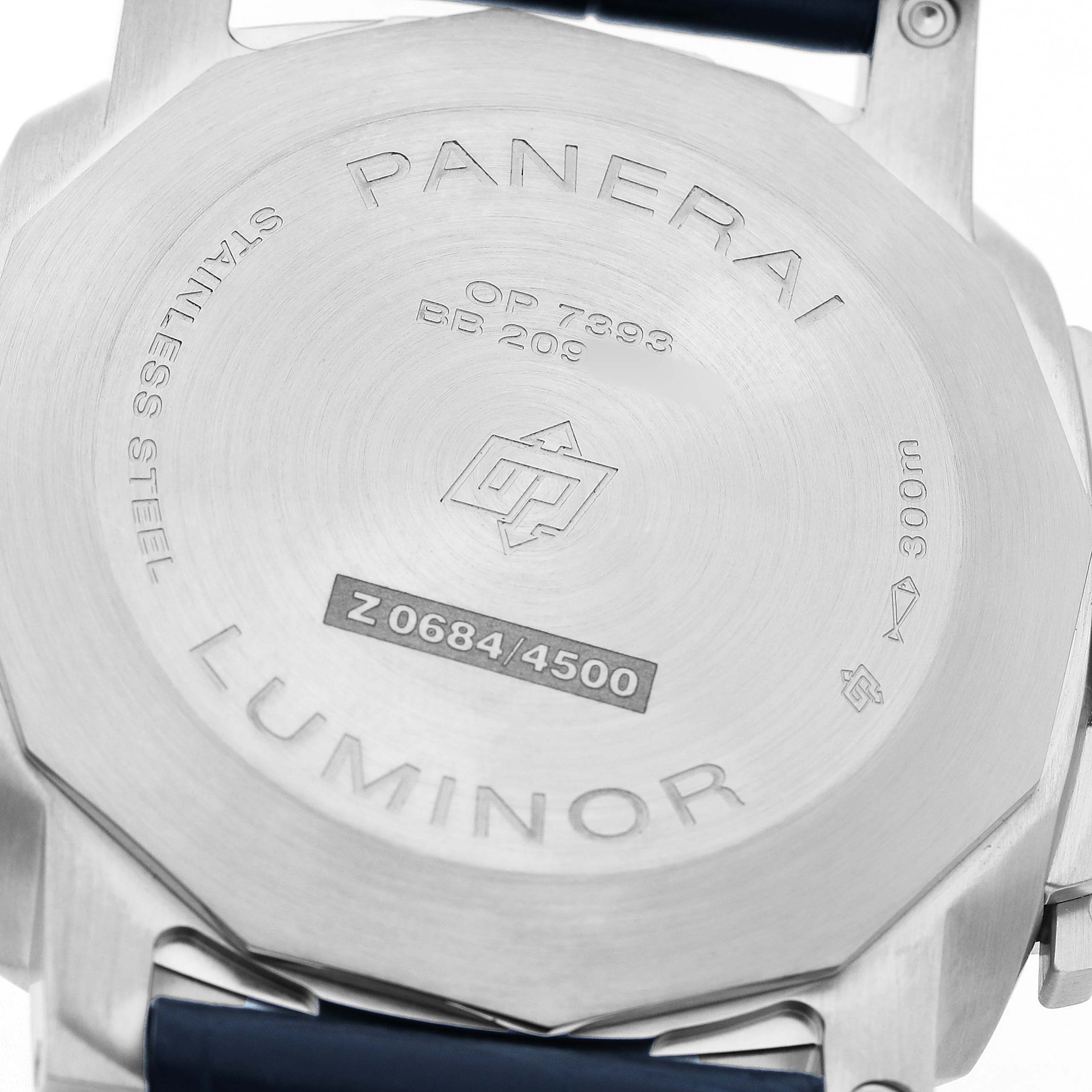 The image shows the back of the Panerai Luminor PAM01313 Men's Stainless Steel Blue Dial watch, highlighting model details and markings.