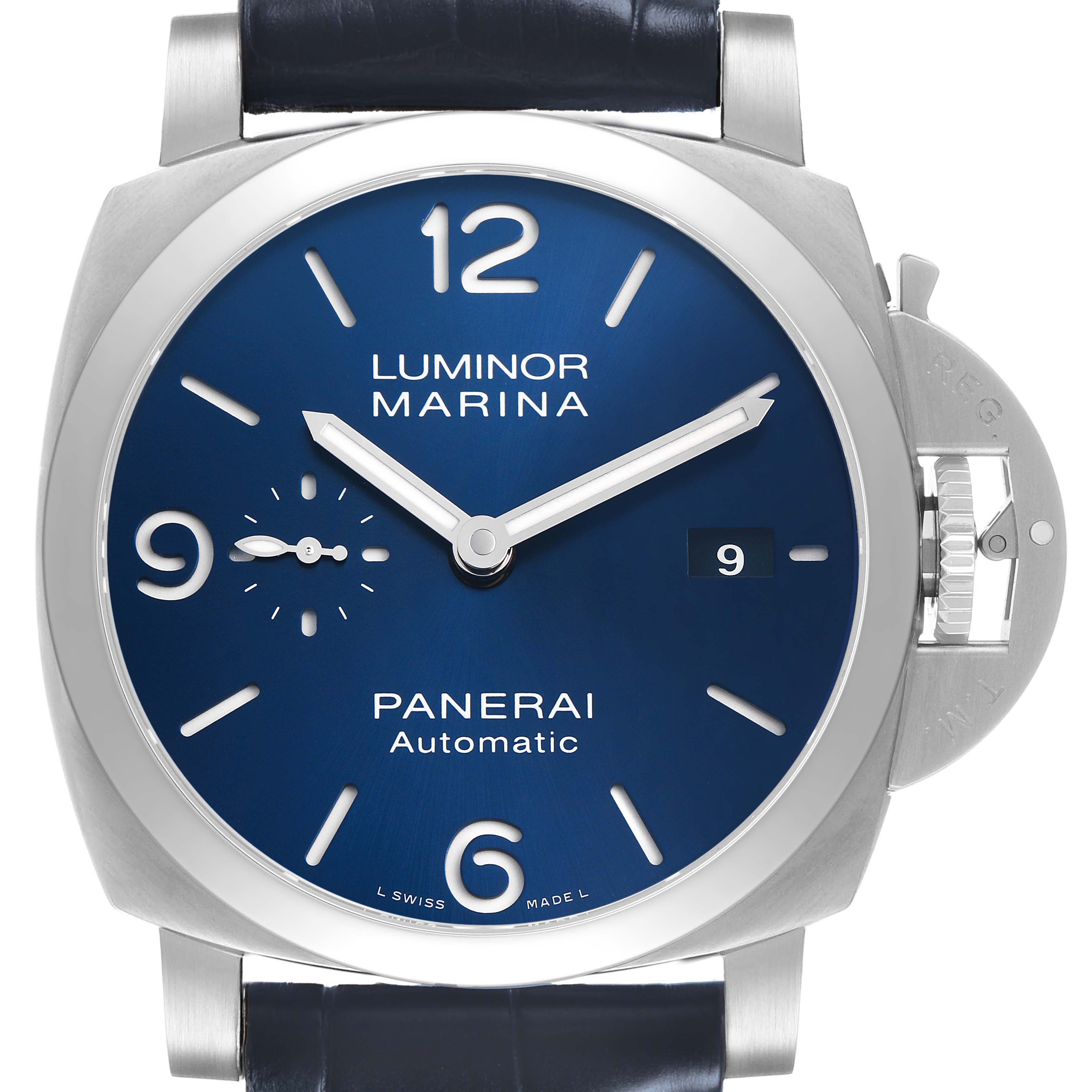 The watch is a Panerai Luminor PAM01313 Mens Stainless Steel Blue Dial model shown from the front, highlighting the dial, hands, and crown guard.
