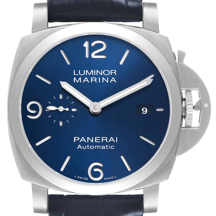 The watch is a Panerai Luminor PAM01313 Mens Stainless Steel Blue Dial model shown from the front, highlighting the dial, hands, and crown guard.