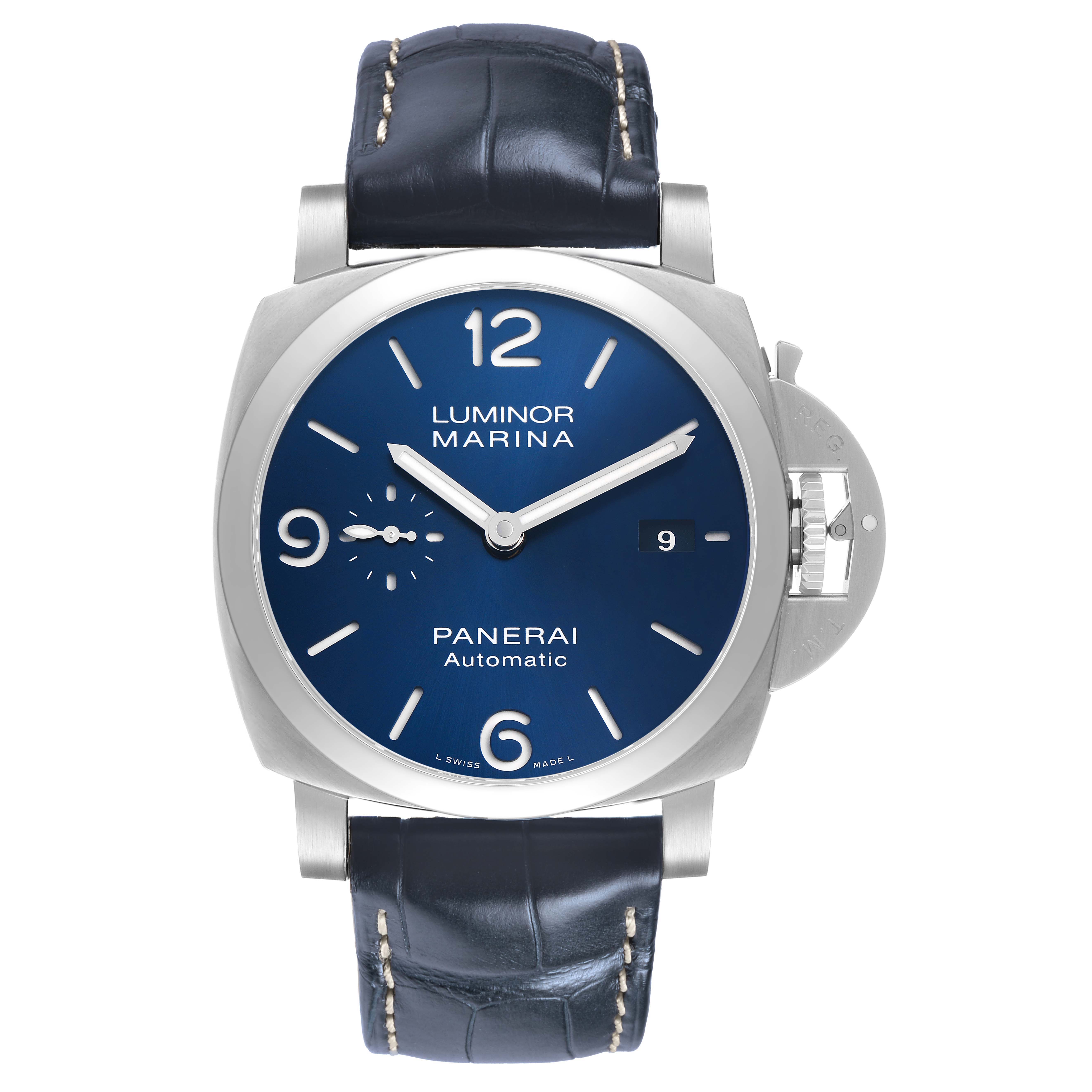 The Panerai Luminor PAM01313 Mens Stainless Steel Blue Dial watch is shown from a front angle, displaying its blue dial, crown guard, and leather strap.
